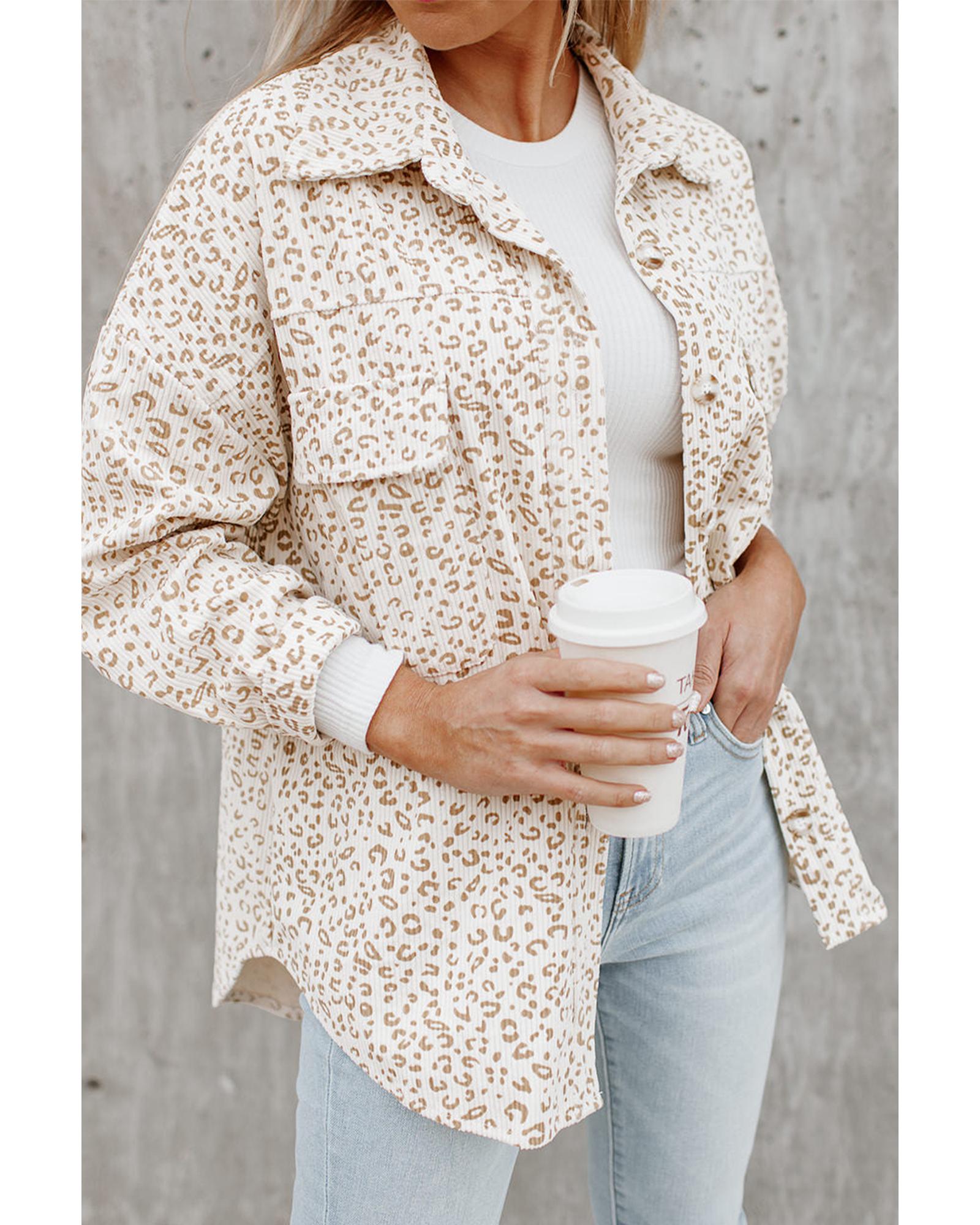 Beige Leopard Print Flap Pockets Buttoned Corduroy Shacket - S