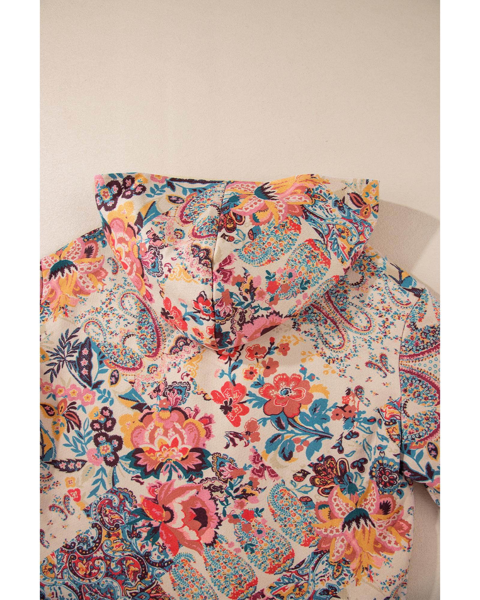 Azura Exchange Beige Vintage Paisley Floral Printed Sherpa Lined Hooded Jacket - S