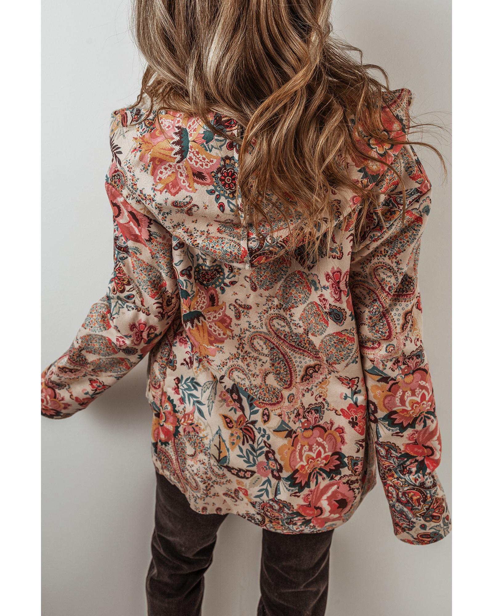 Azura Exchange Beige Vintage Paisley Floral Printed Sherpa Lined Hooded Jacket - S