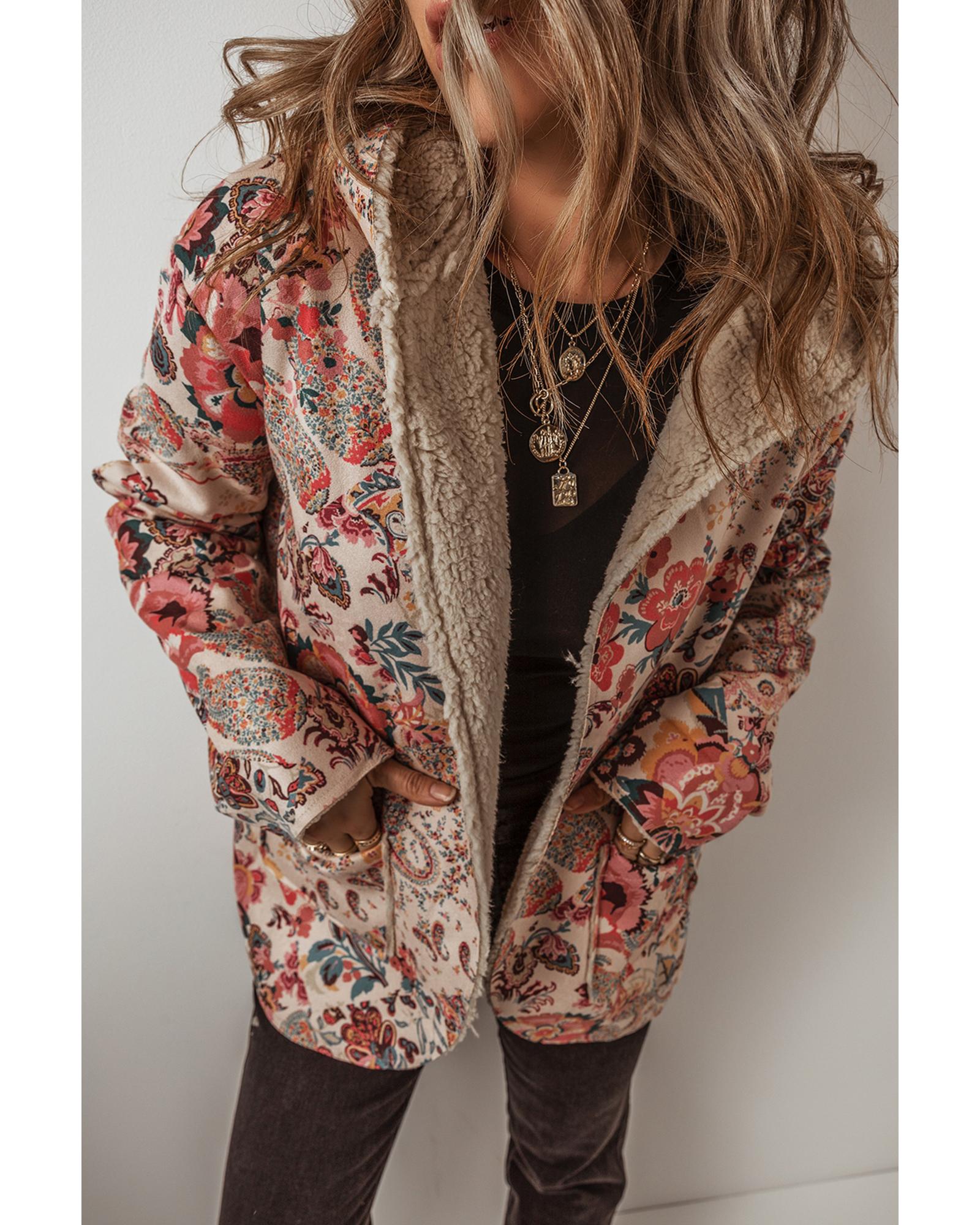 Azura Exchange Beige Vintage Paisley Floral Printed Sherpa Lined Hooded Jacket - S