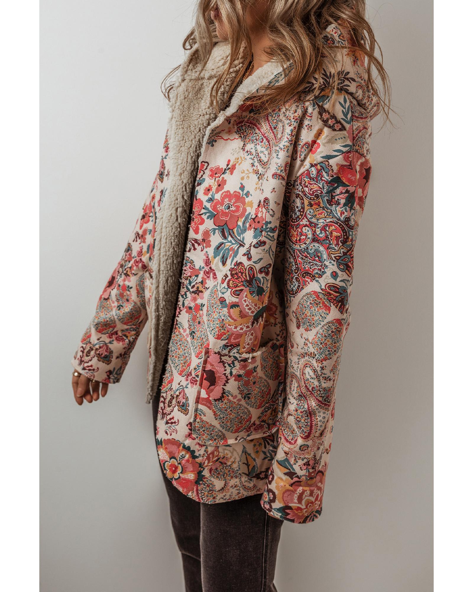 Azura Exchange Beige Vintage Paisley Floral Printed Sherpa Lined Hooded Jacket - S
