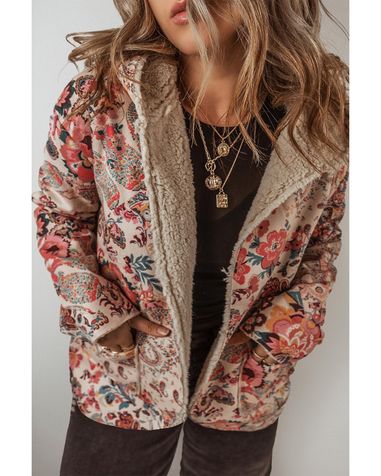 Azura Exchange Beige Vintage Paisley Floral Printed Sherpa Lined Hooded Jacket - S