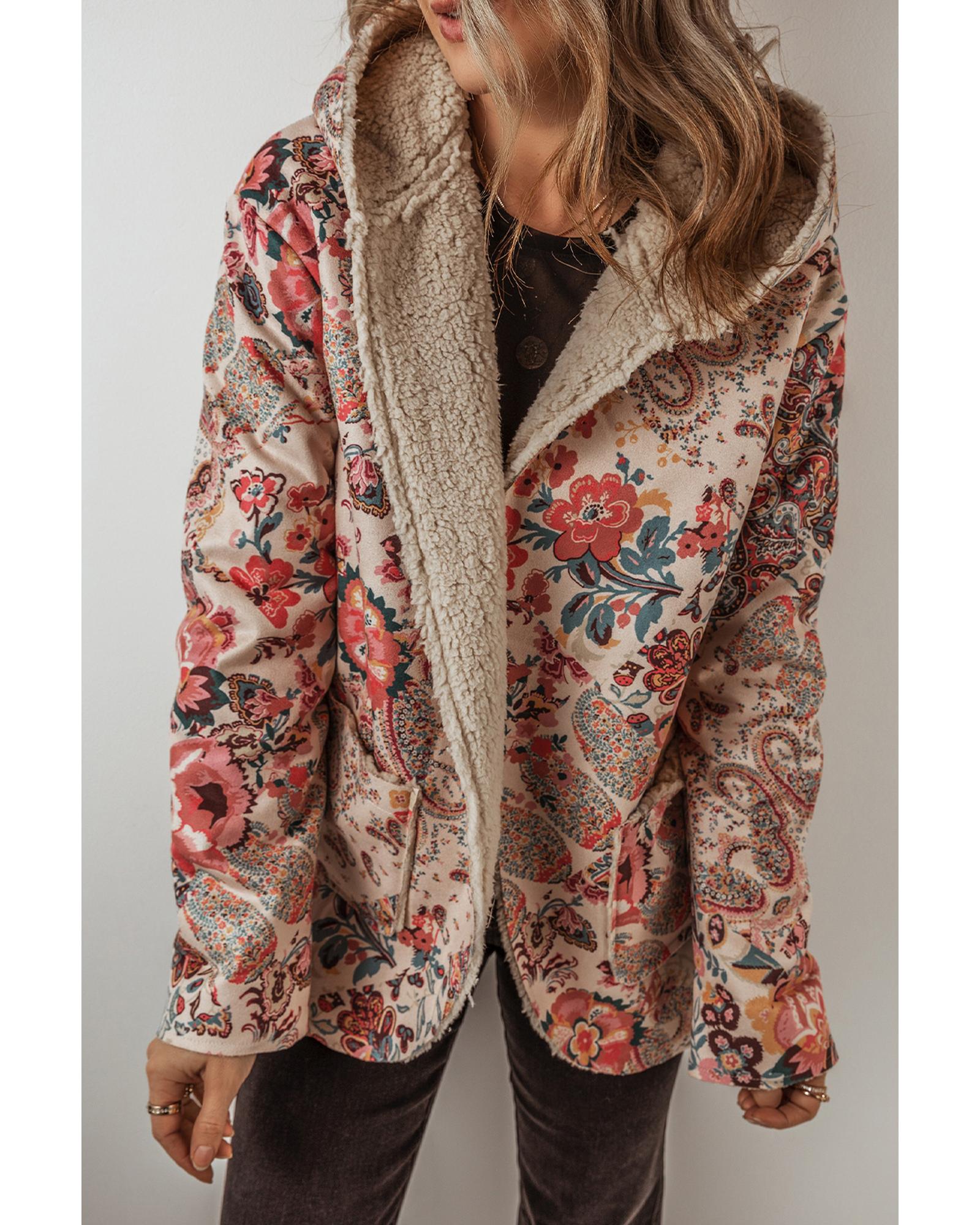 Azura Exchange Beige Vintage Paisley Floral Printed Sherpa Lined Hooded Jacket - S