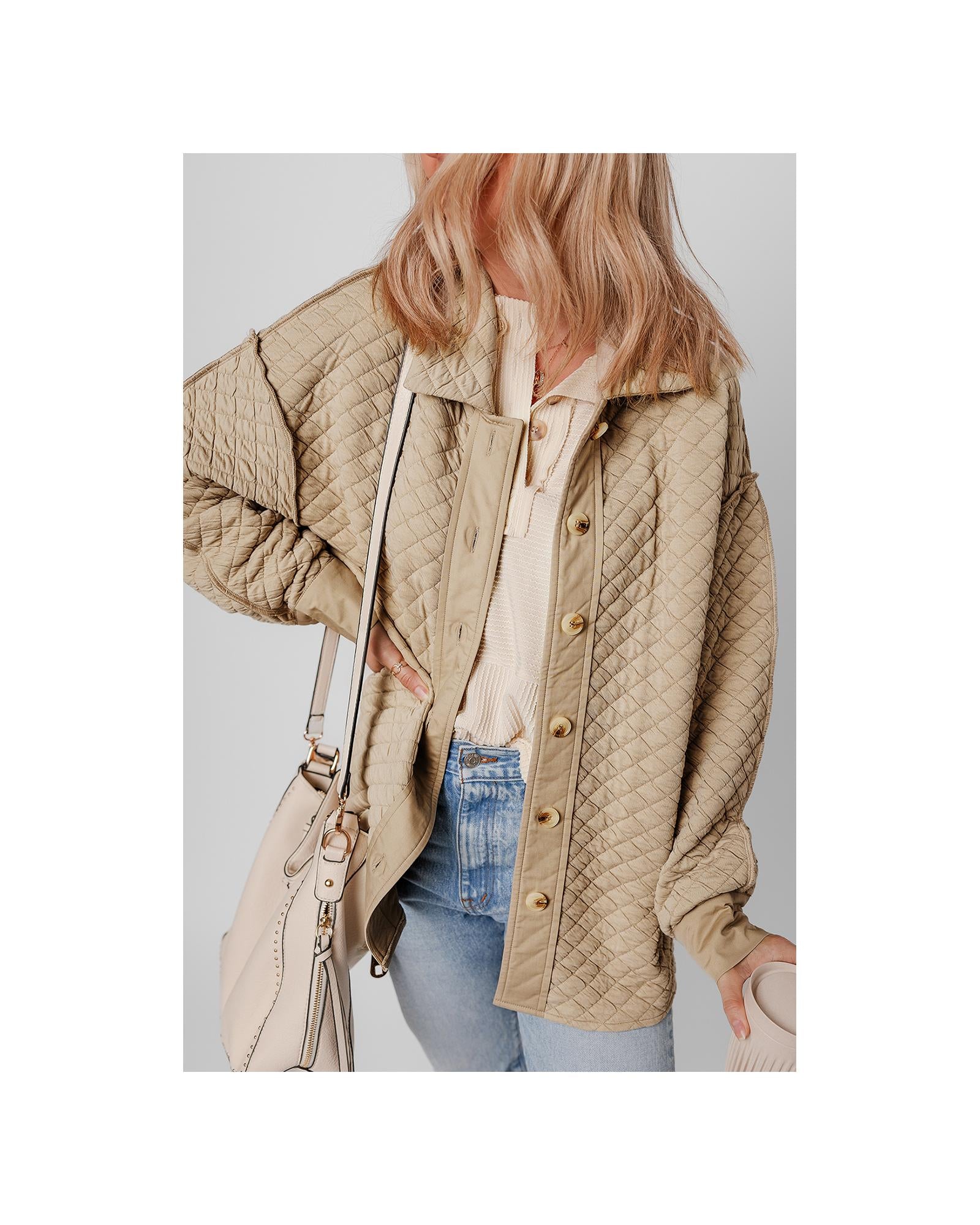 Jet Stream Solid Color Quilted Puffer Buttoned Shacket - L