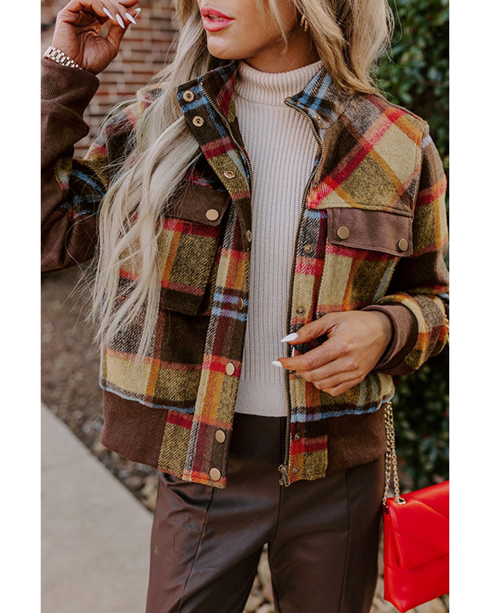Brown Plaid Print Chest Pockets Button Zipper Stand Neck Jacket - XL