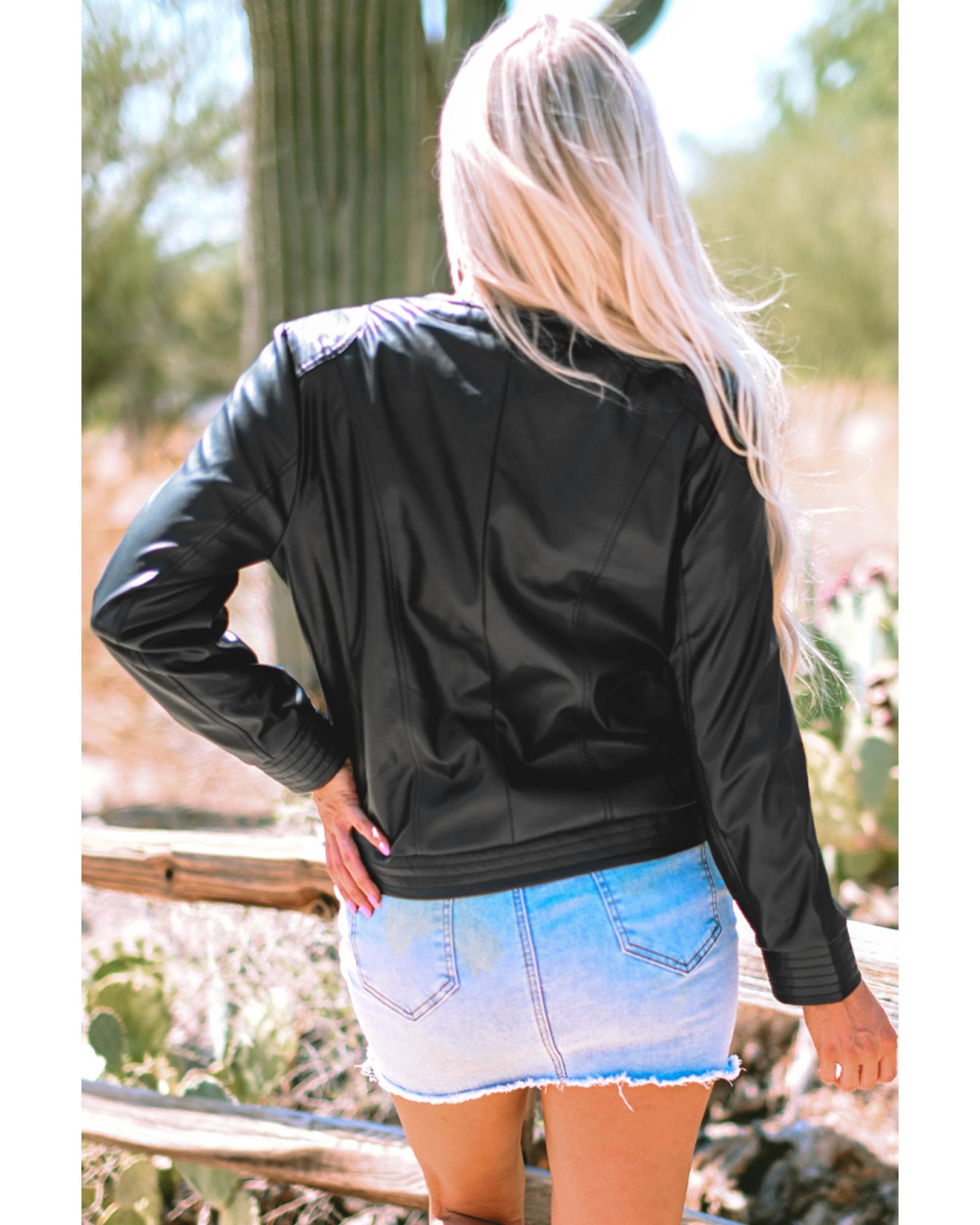 Black Solid Faux Leather Zipper Slim Fit Bomber Jacket - L