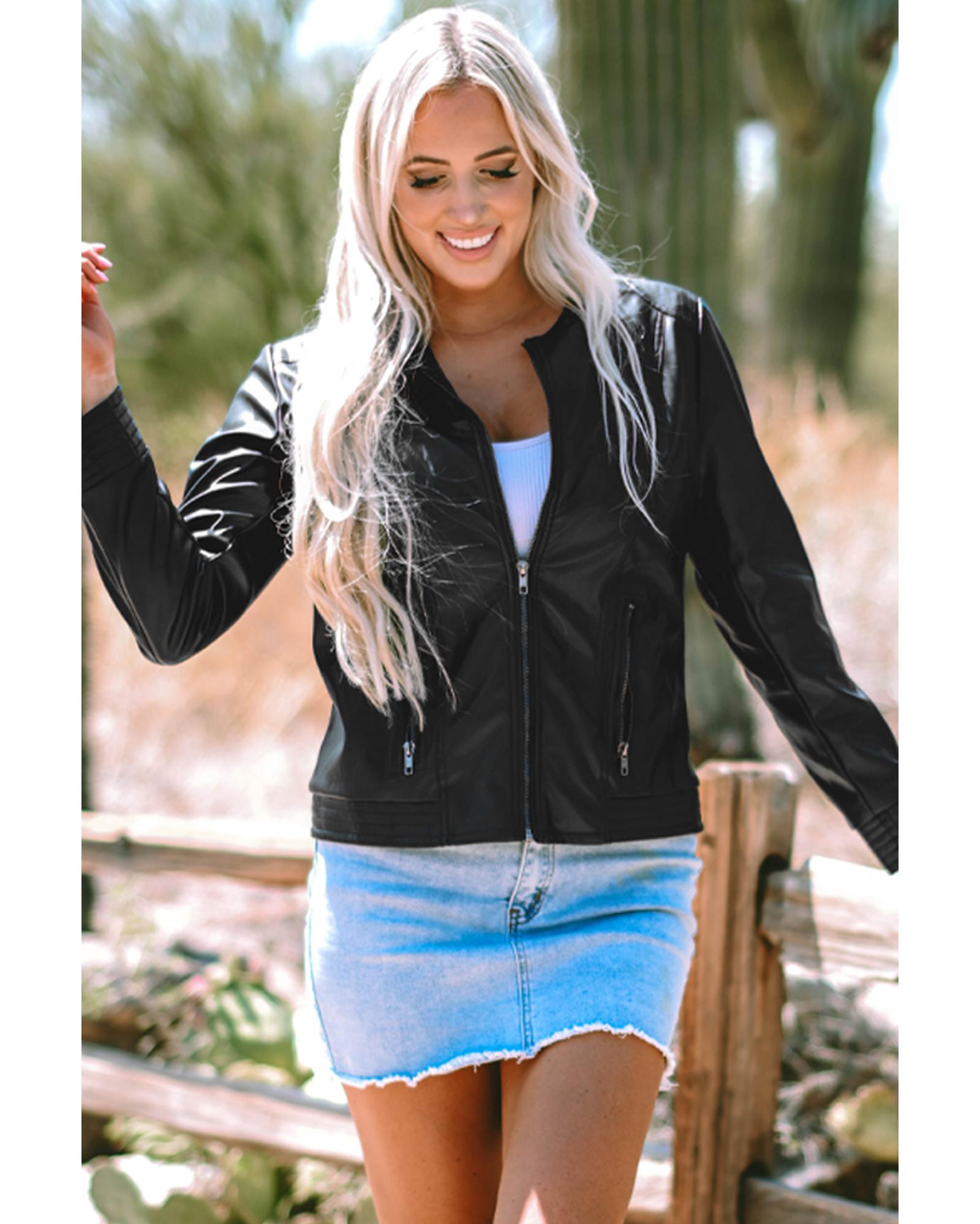 Black Solid Faux Leather Zipper Slim Fit Bomber Jacket - M