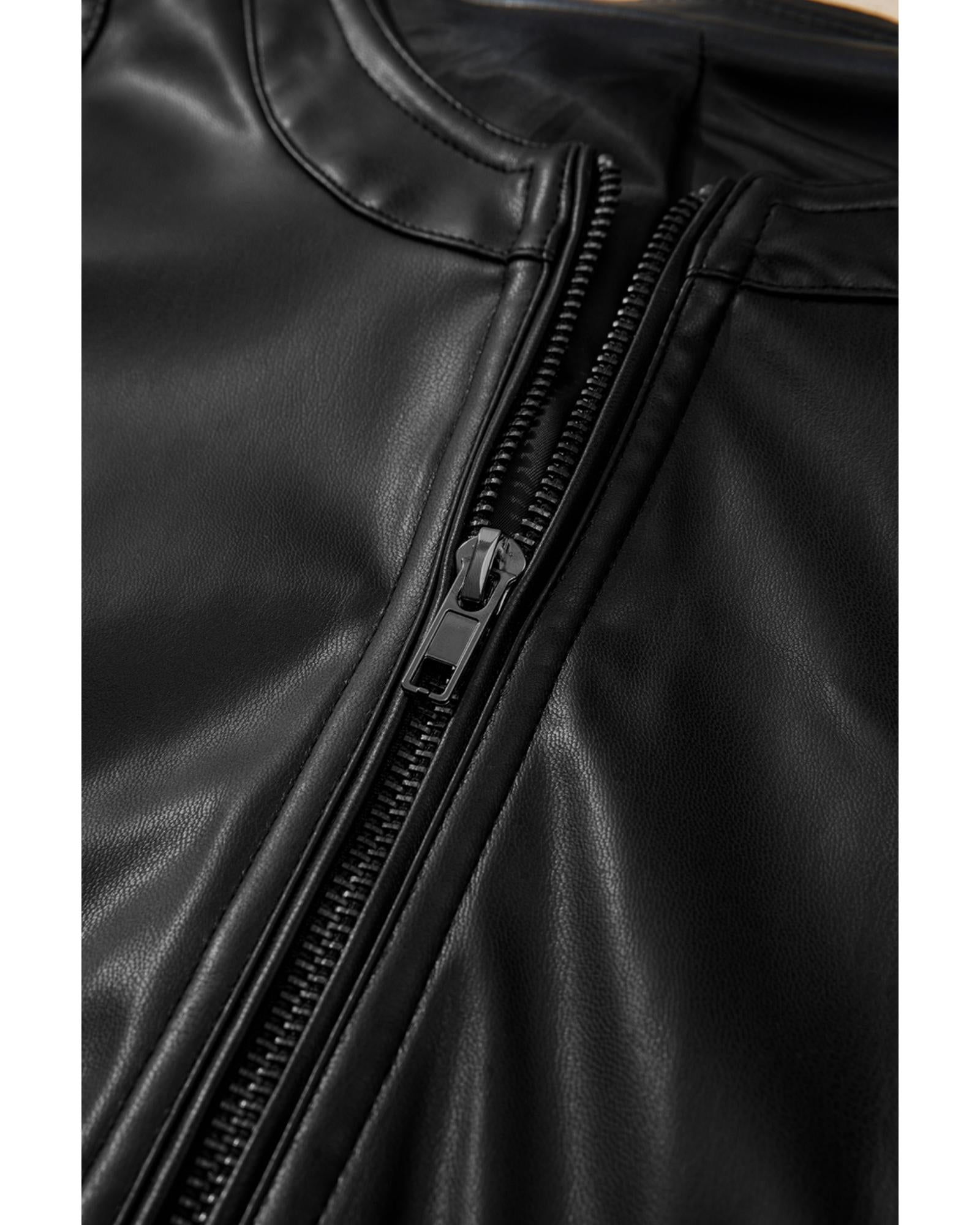 Black Solid Faux Leather Zipper Slim Fit Bomber Jacket - XL