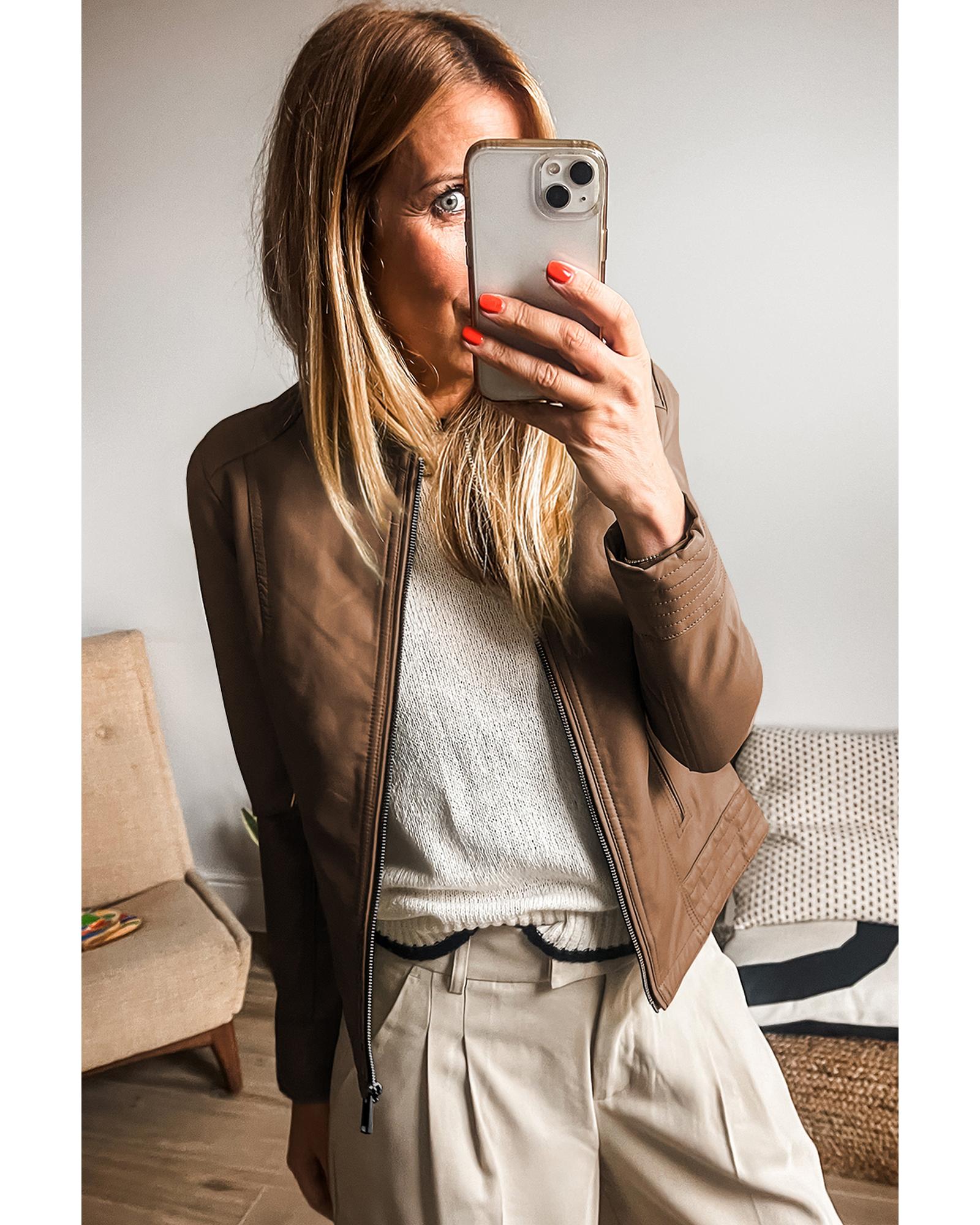 Chestnut Solid Faux Leather Zipper Slim Fit Bomber Jacket - L