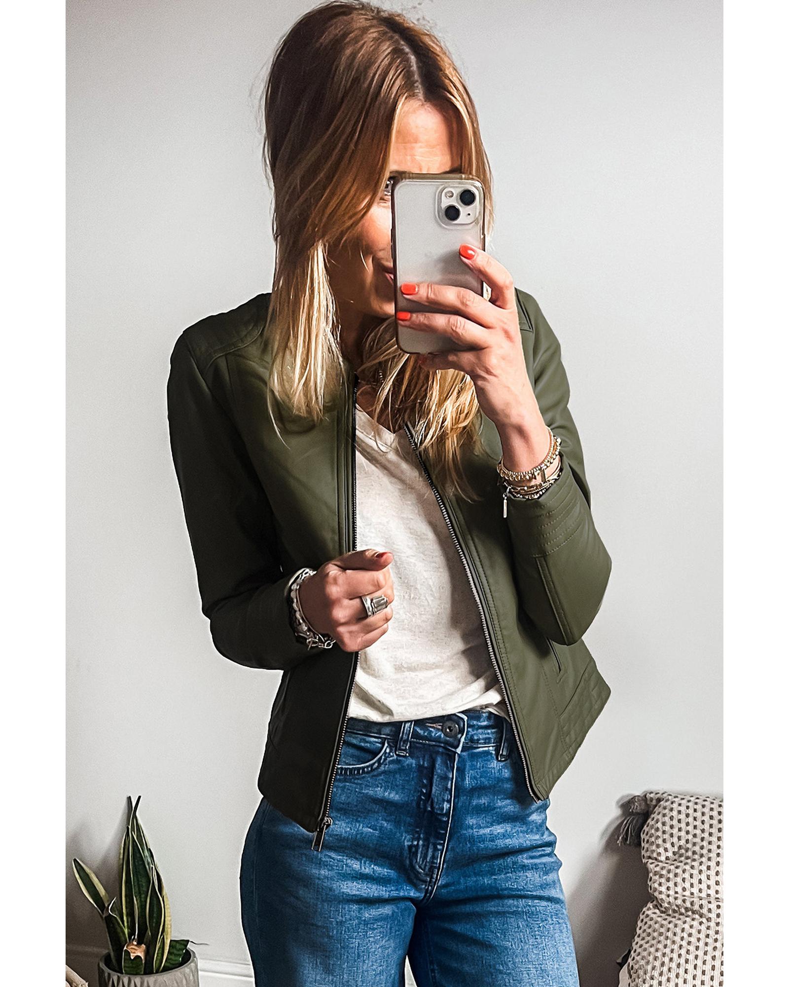 Sage Green Solid Faux Leather Zipper Slim Fit Bomber Jacket - M