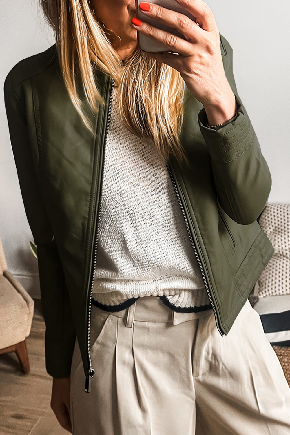 Sage Green Solid Faux Leather Zipper Slim Fit Bomber Jacket - S