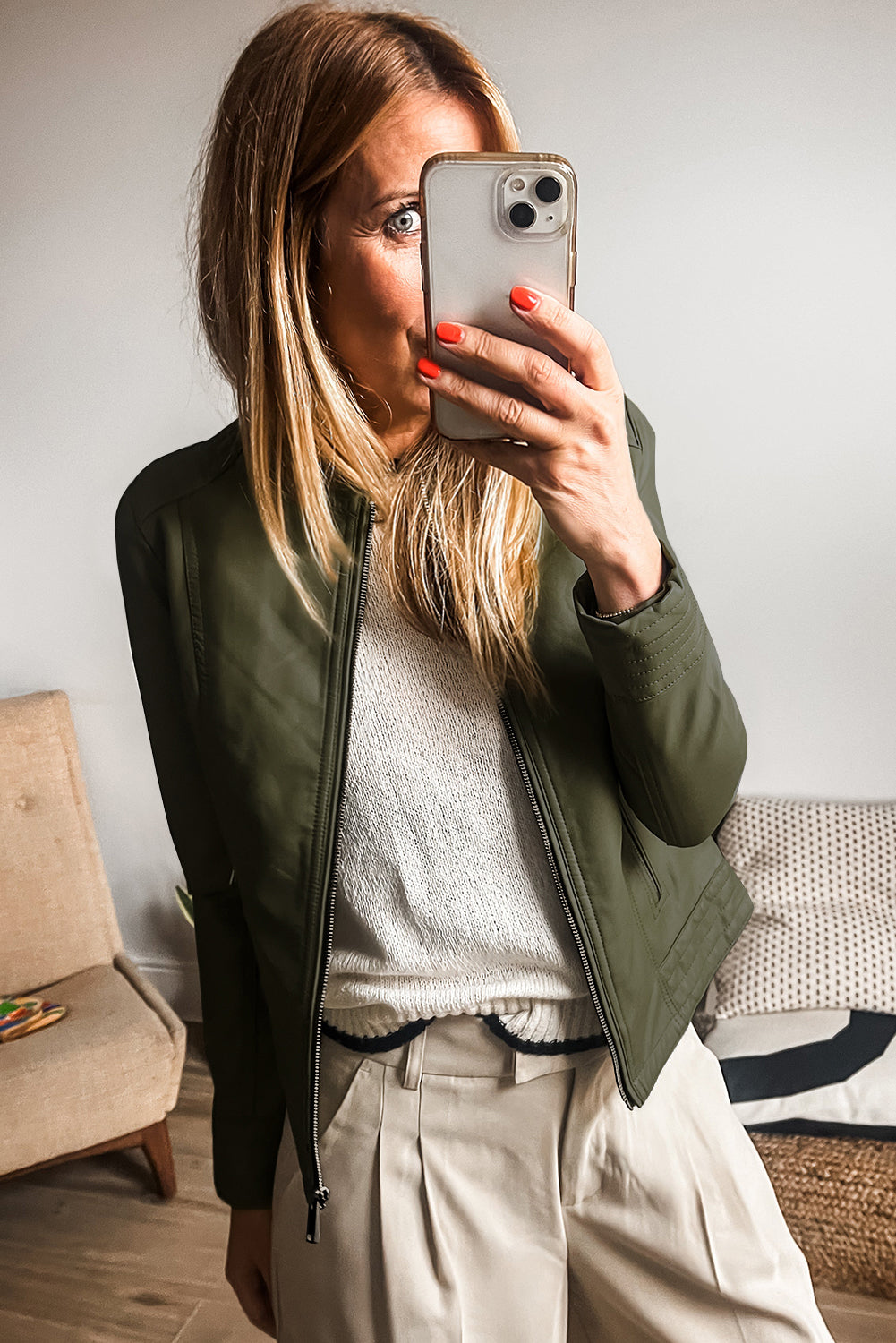 Sage Green Solid Faux Leather Zipper Slim Fit Bomber Jacket - XL