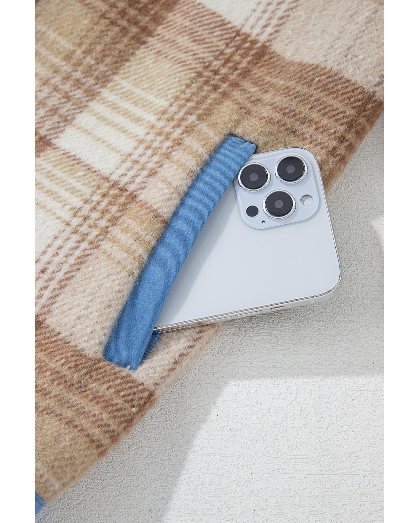 Light French Beige Plaid Patchwork Flap Detail Button Up Shacket - L