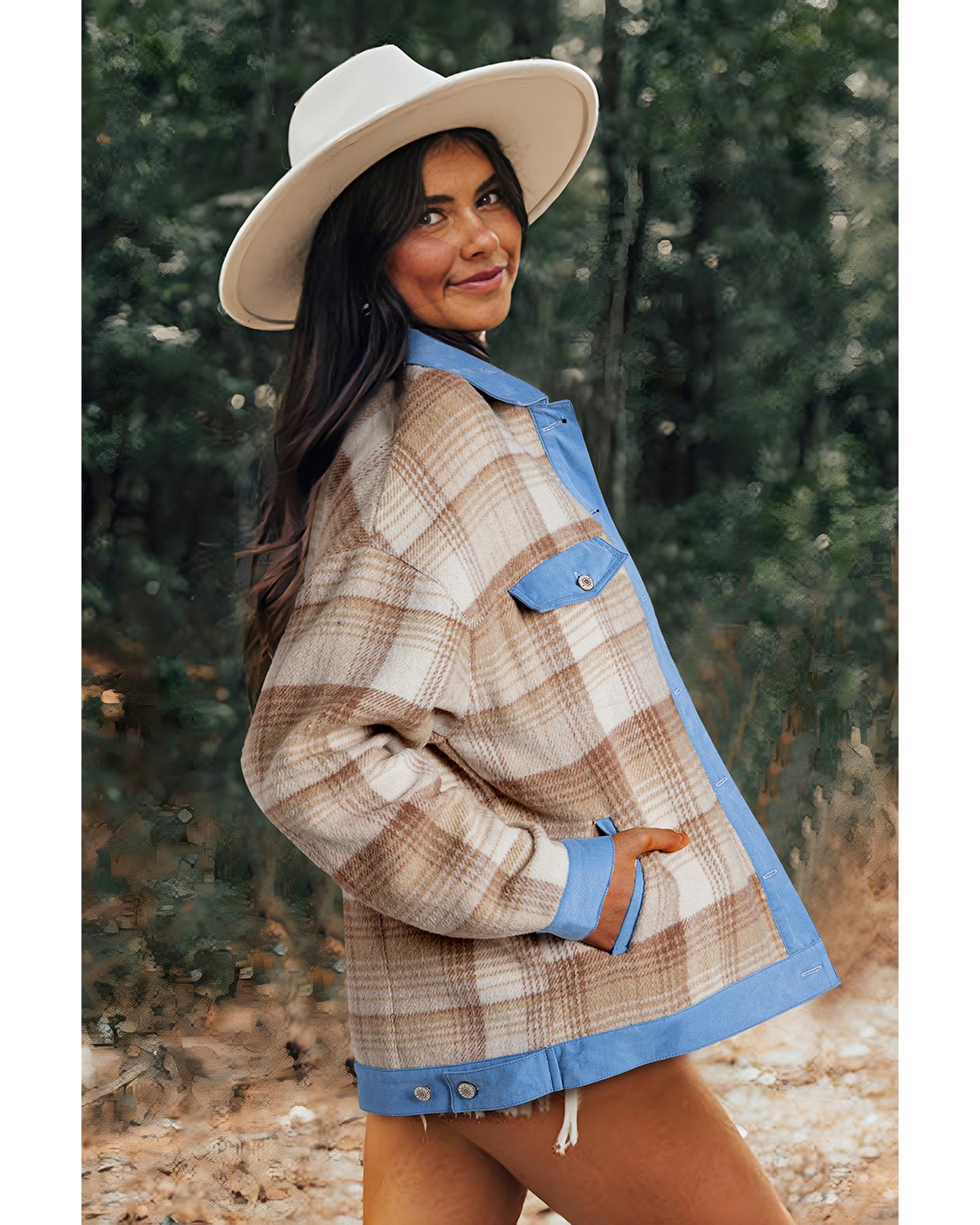 Light French Beige Plaid Patchwork Flap Detail Button Up Shacket - L