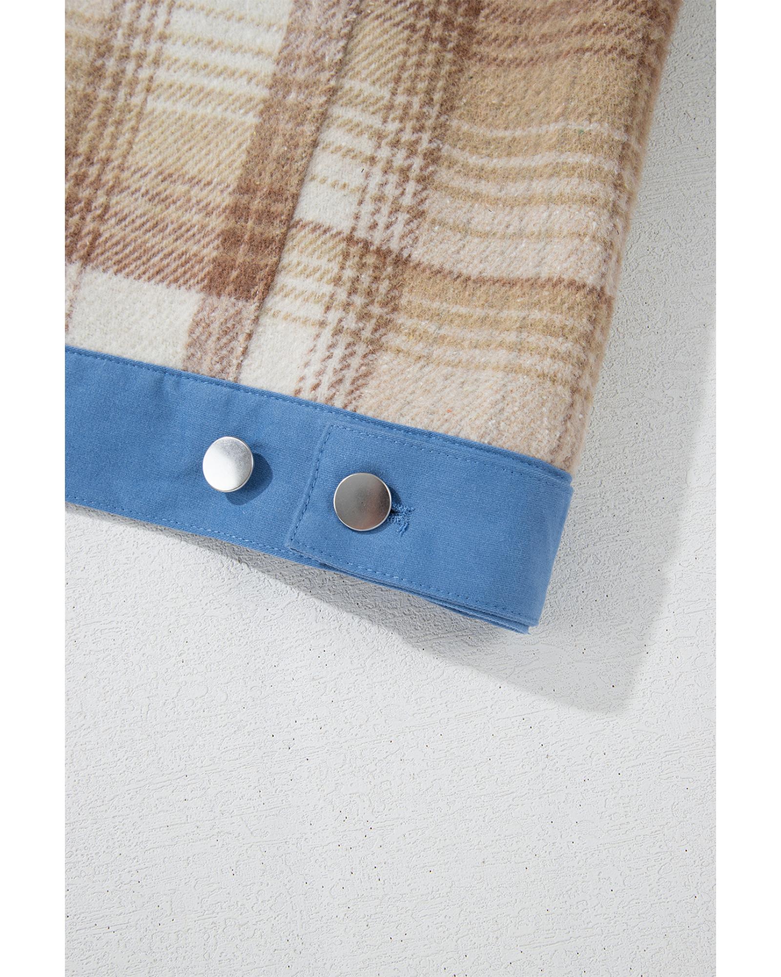 Light French Beige Plaid Patchwork Flap Detail Button Up Shacket - L