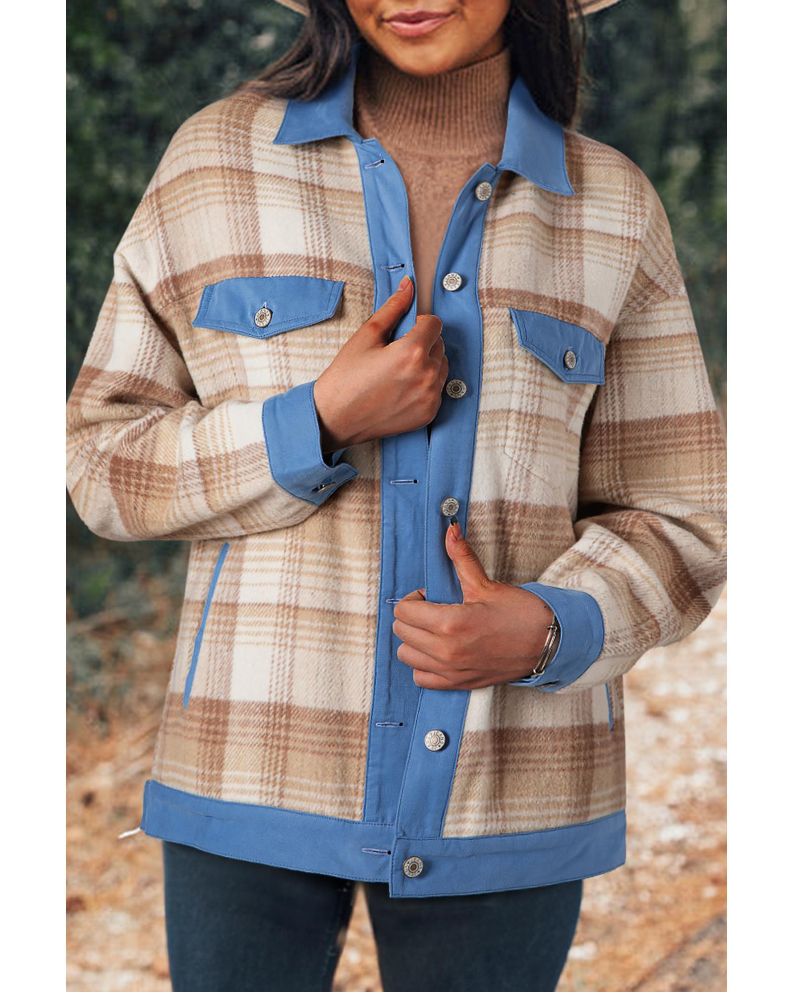 Light French Beige Plaid Patchwork Flap Detail Button Up Shacket - M