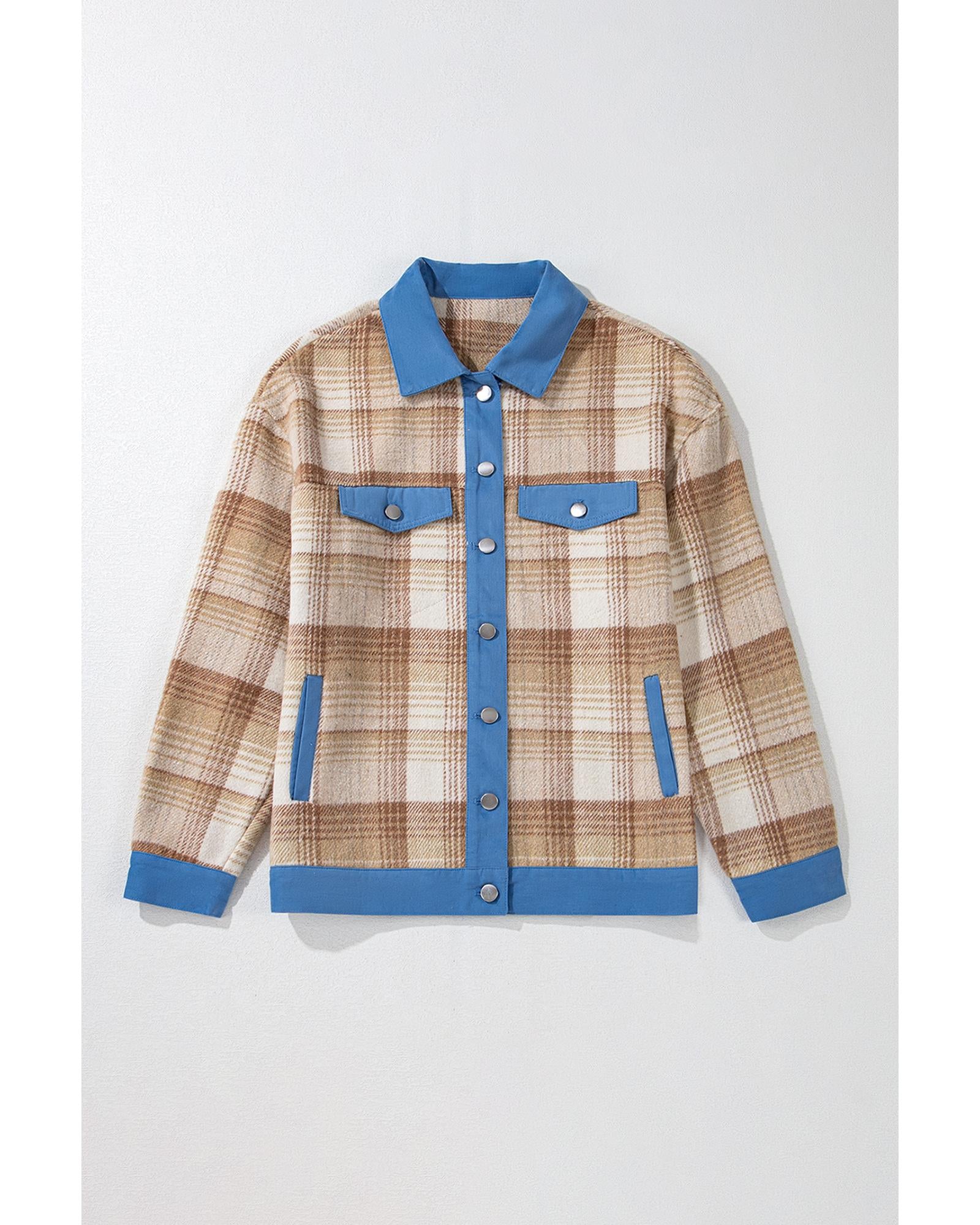 Light French Beige Plaid Patchwork Flap Detail Button Up Shacket - S