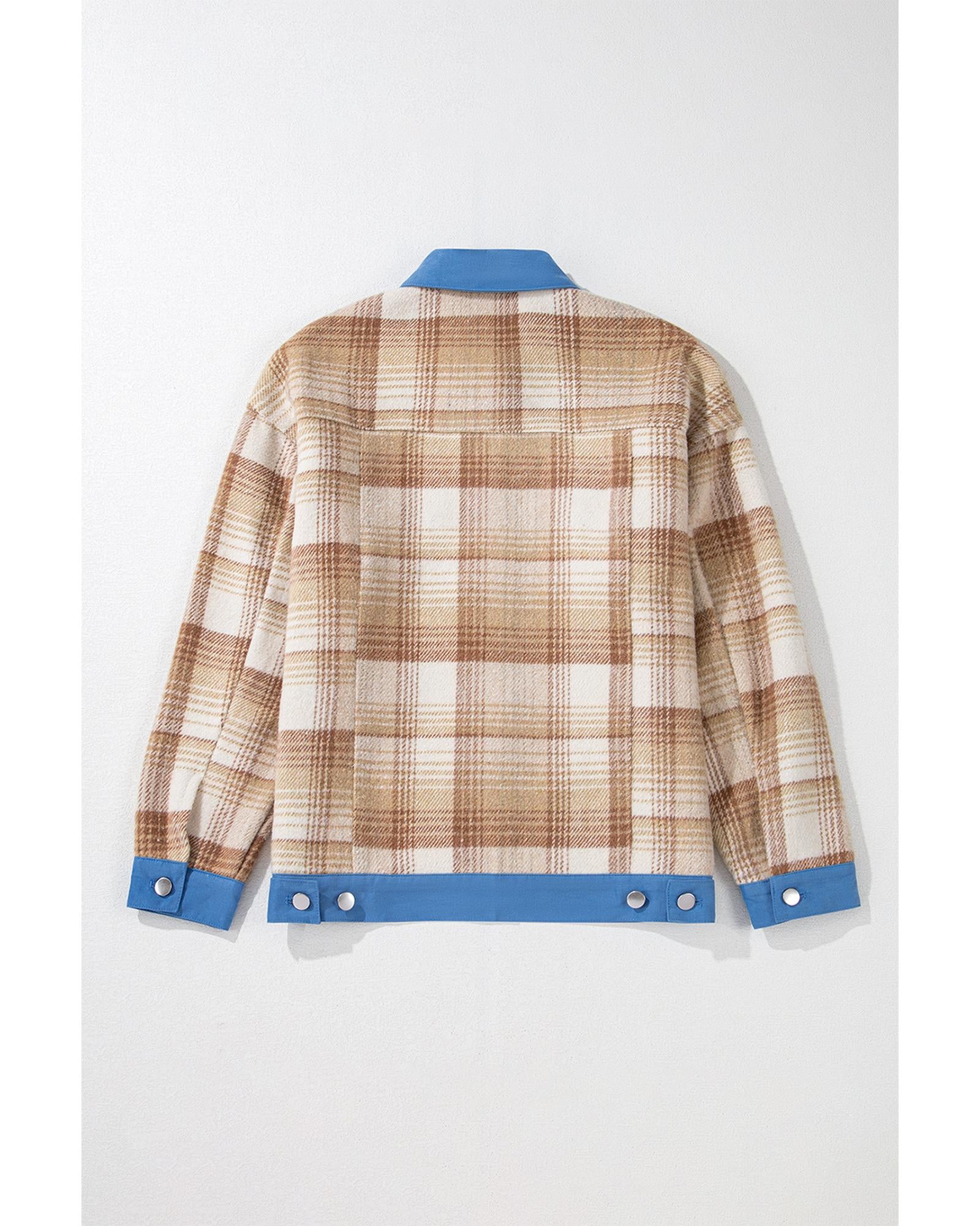 Light French Beige Plaid Patchwork Flap Detail Button Up Shacket - S
