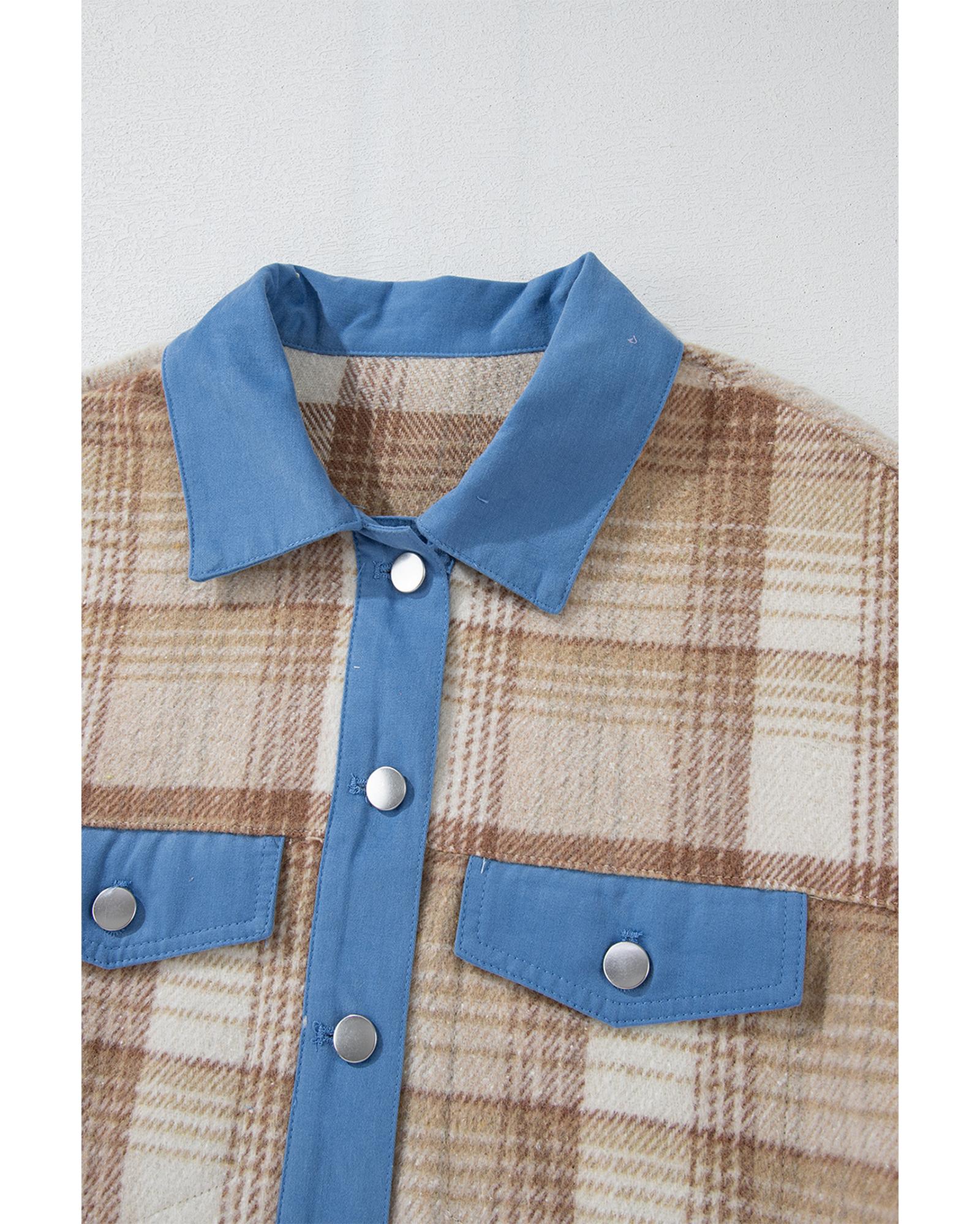 Light French Beige Plaid Patchwork Flap Detail Button Up Shacket - S