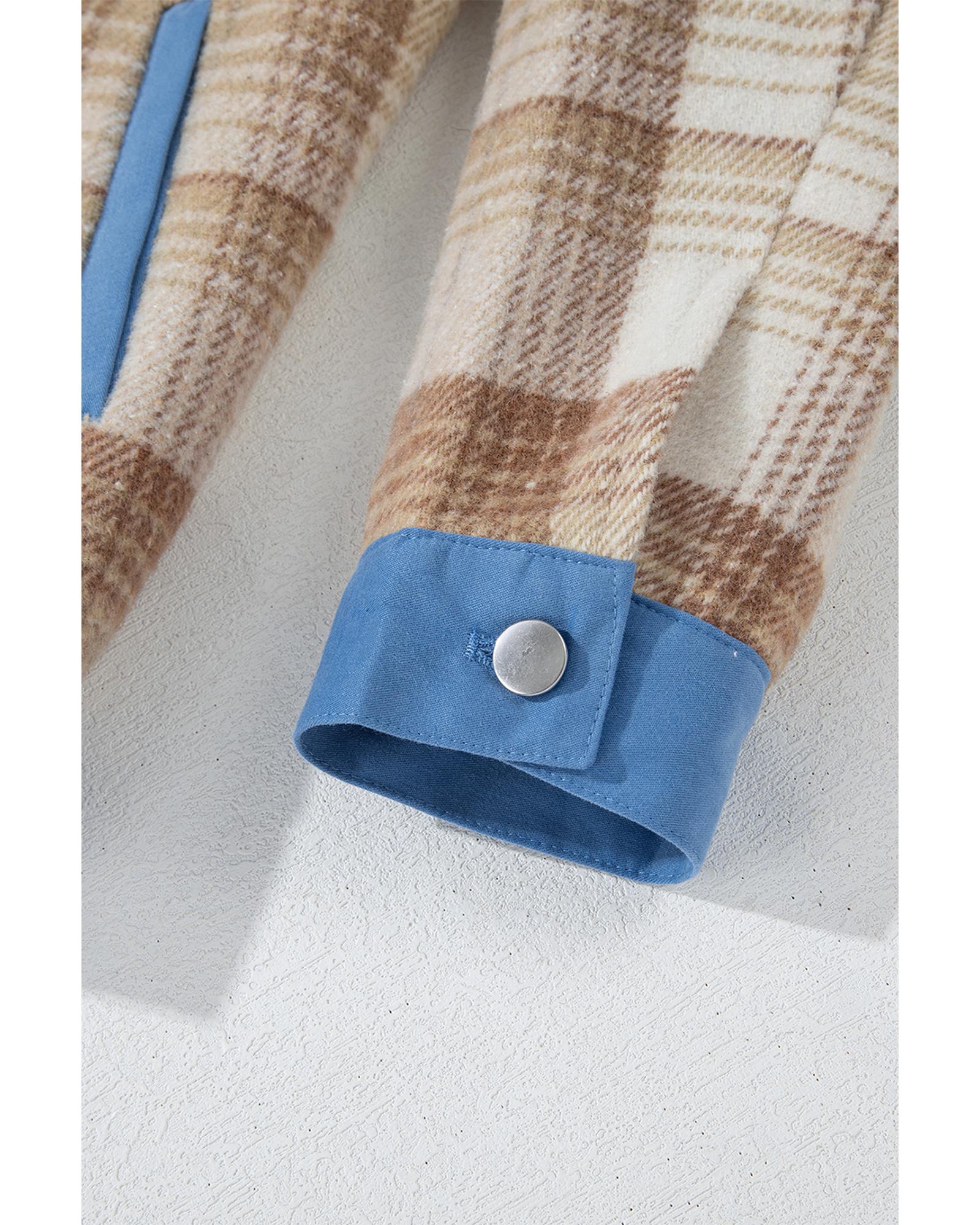 Light French Beige Plaid Patchwork Flap Detail Button Up Shacket - S