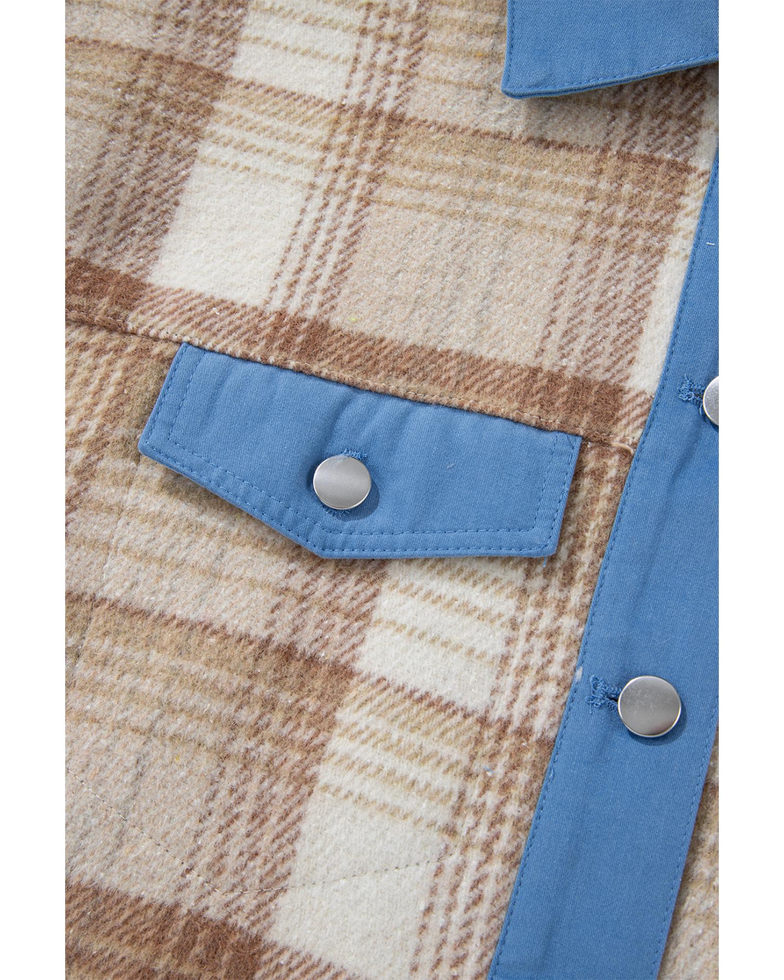 Light French Beige Plaid Patchwork Flap Detail Button Up Shacket - XL