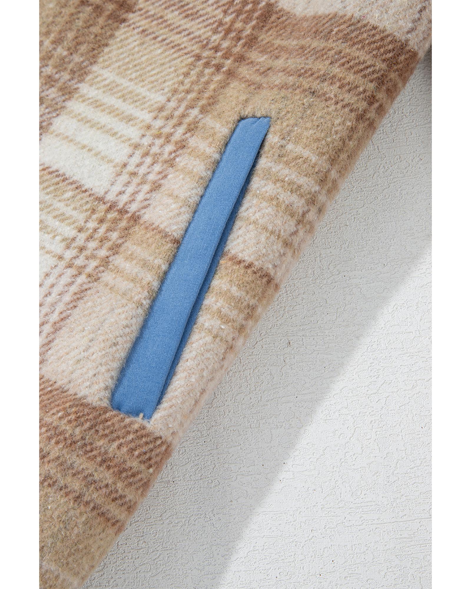 Light French Beige Plaid Patchwork Flap Detail Button Up Shacket - XL