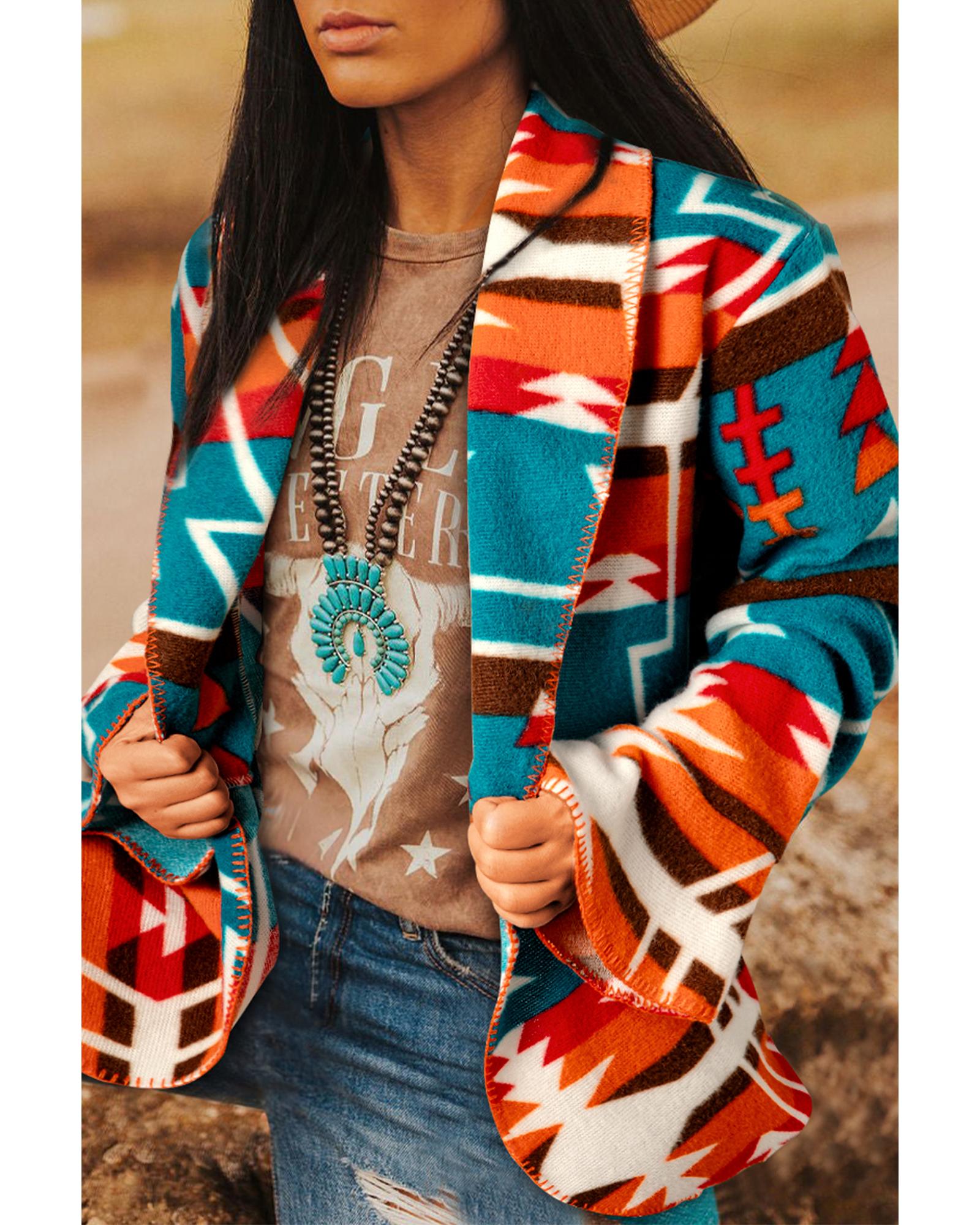 Sky Blue Aztec Printed Lapel Bell Sleeve Jacket - M