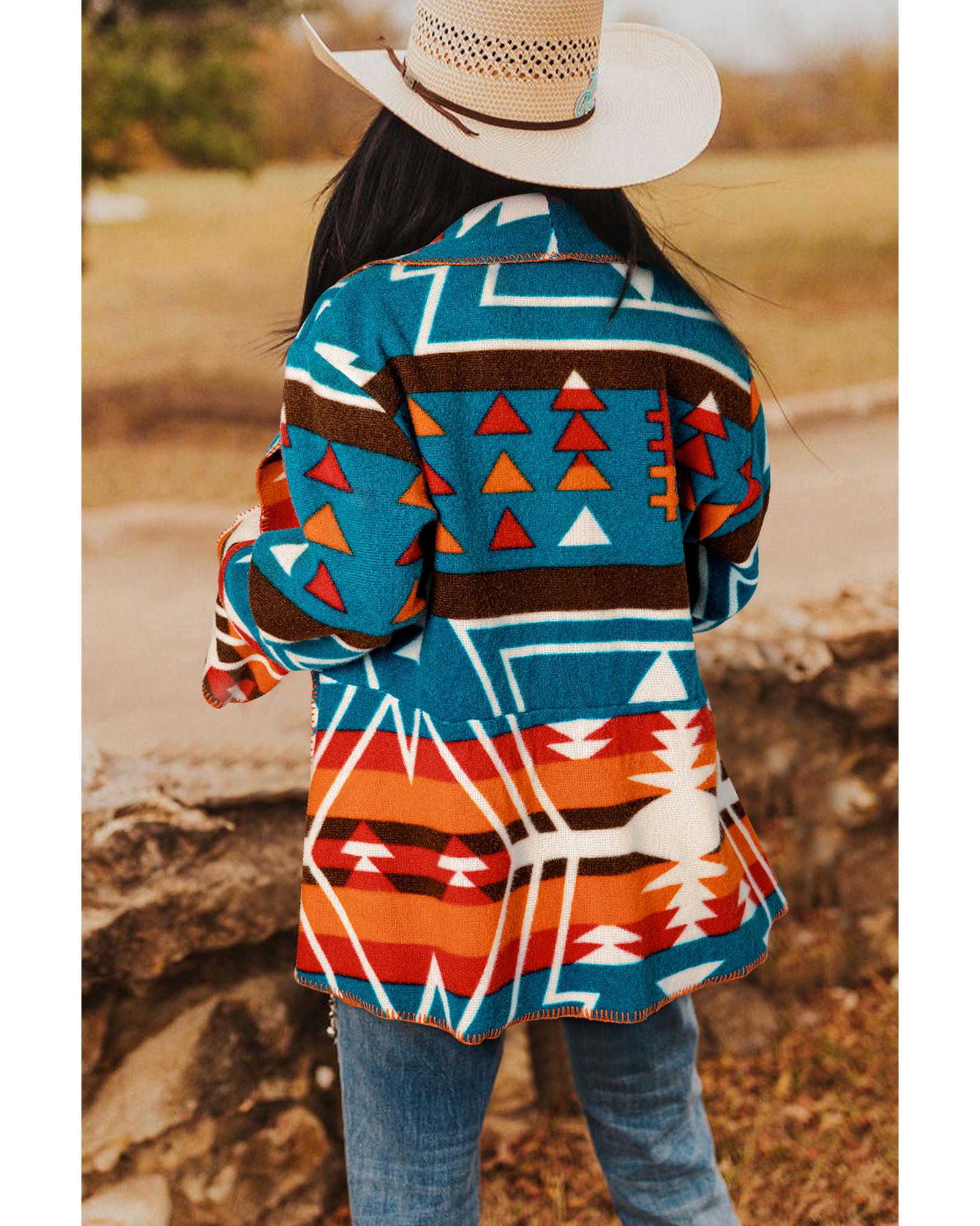 Sky Blue Aztec Printed Lapel Bell Sleeve Jacket - M