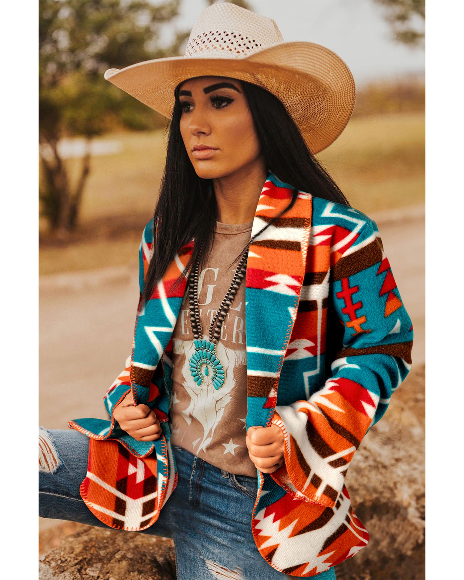 Sky Blue Aztec Printed Lapel Bell Sleeve Jacket - M