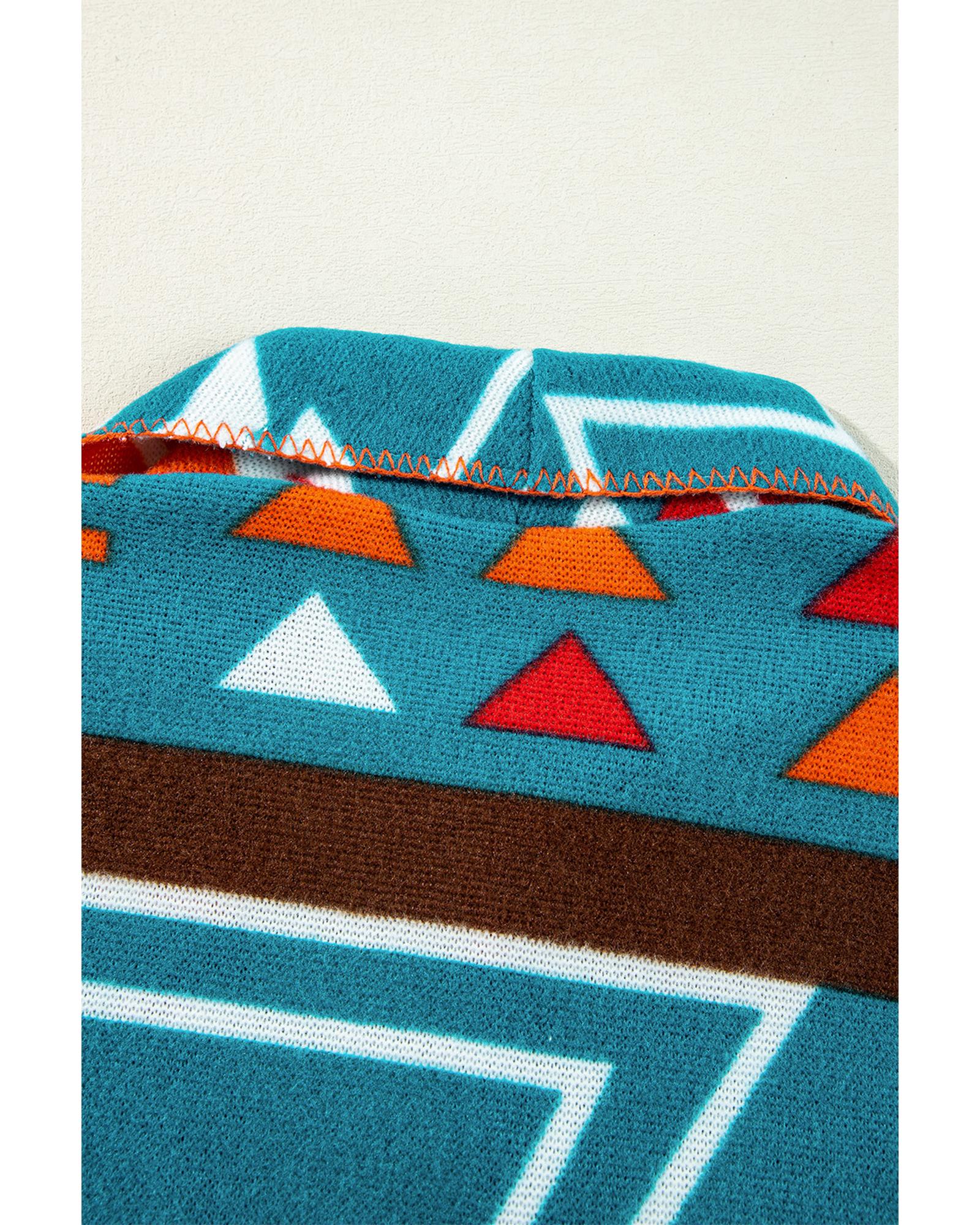 Sky Blue Aztec Printed Lapel Bell Sleeve Jacket - M