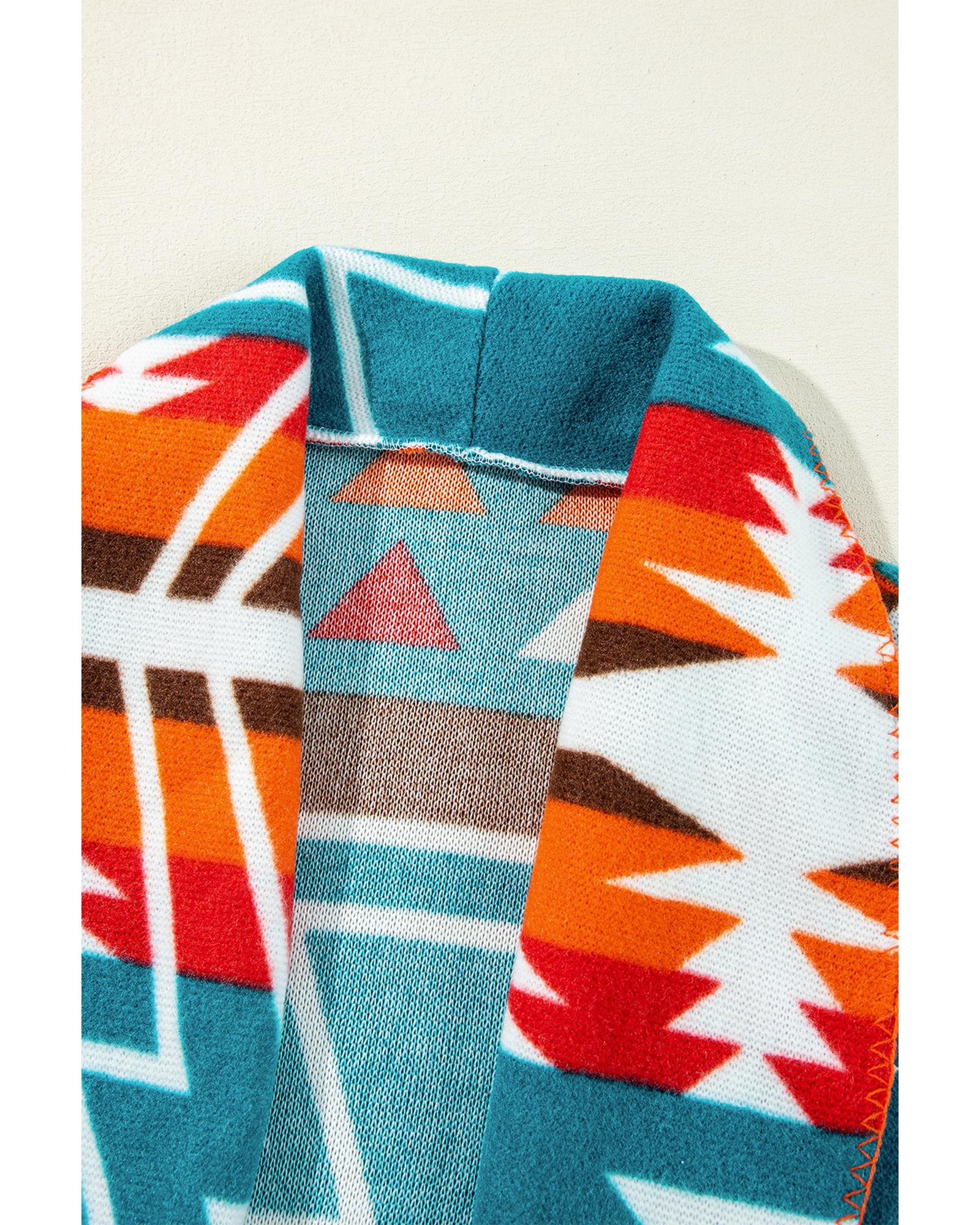 Sky Blue Aztec Printed Lapel Bell Sleeve Jacket - M