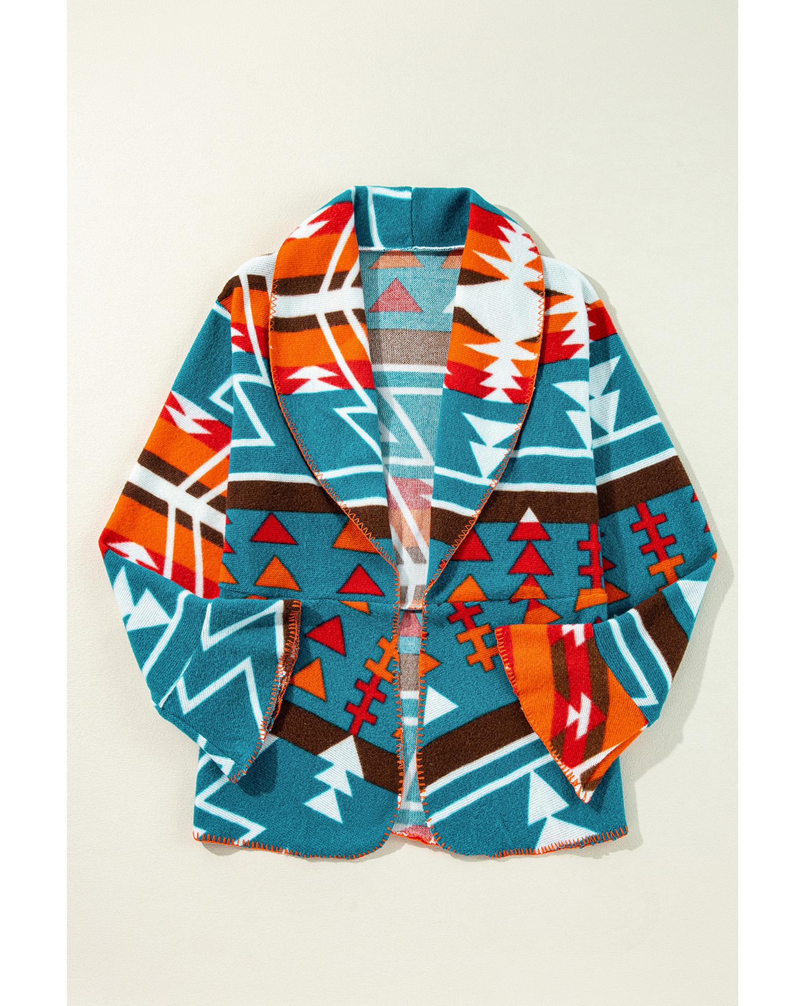 Sky Blue Aztec Printed Lapel Bell Sleeve Jacket - M