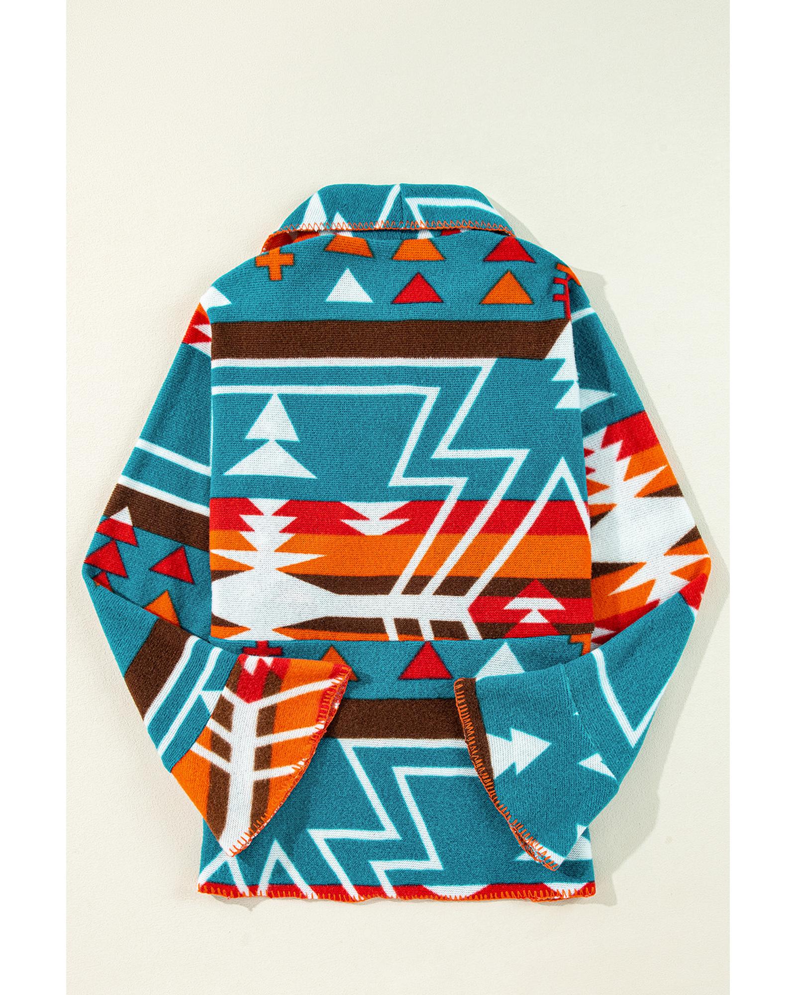 Sky Blue Aztec Printed Lapel Bell Sleeve Jacket - M