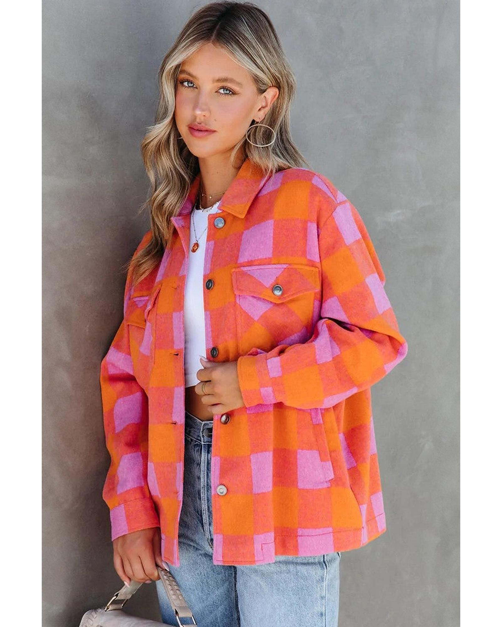 Orange Plaid Chest Pockets Button-up Turn Down Collar Jacket - L