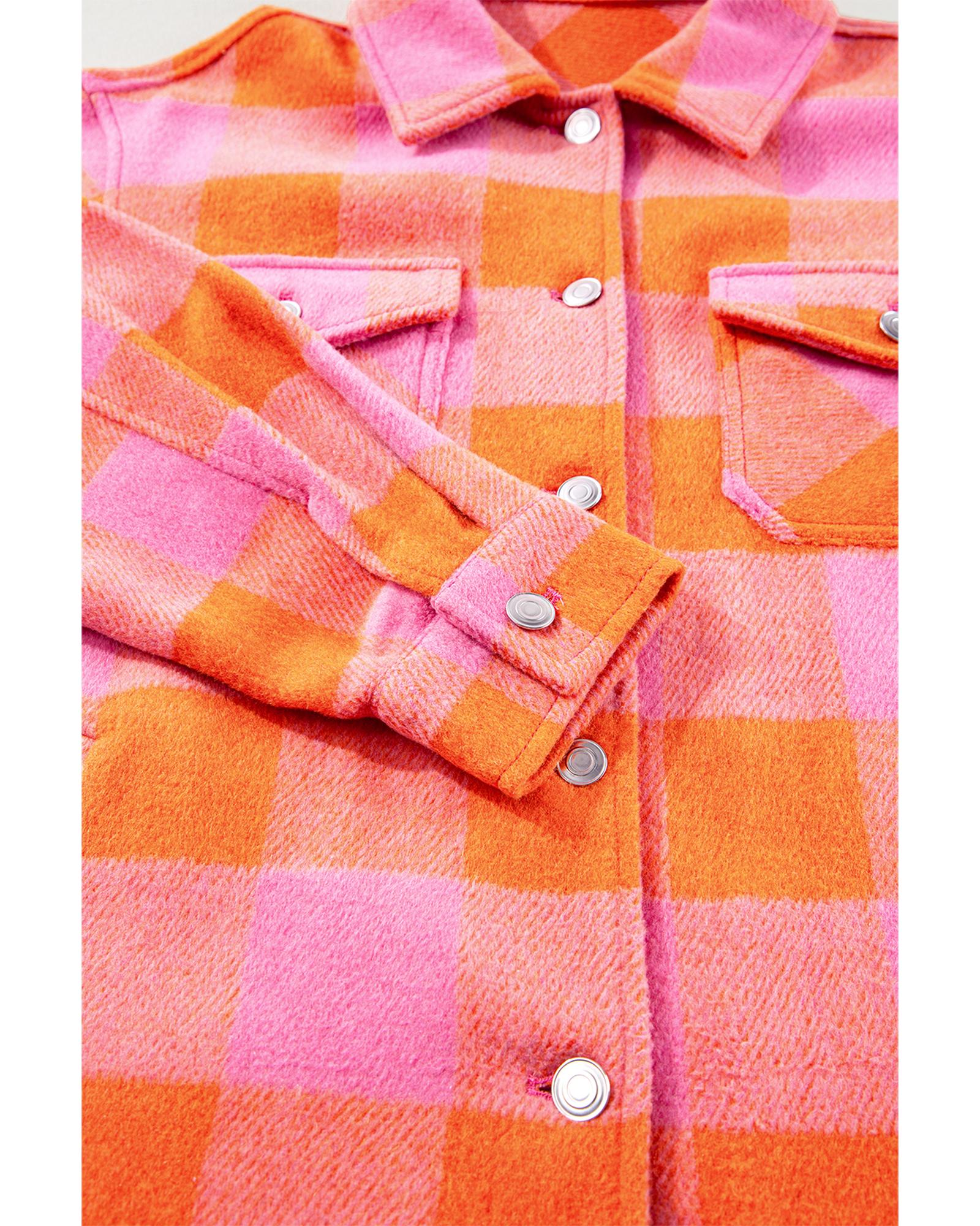 Orange Plaid Chest Pockets Button-up Turn Down Collar Jacket - L