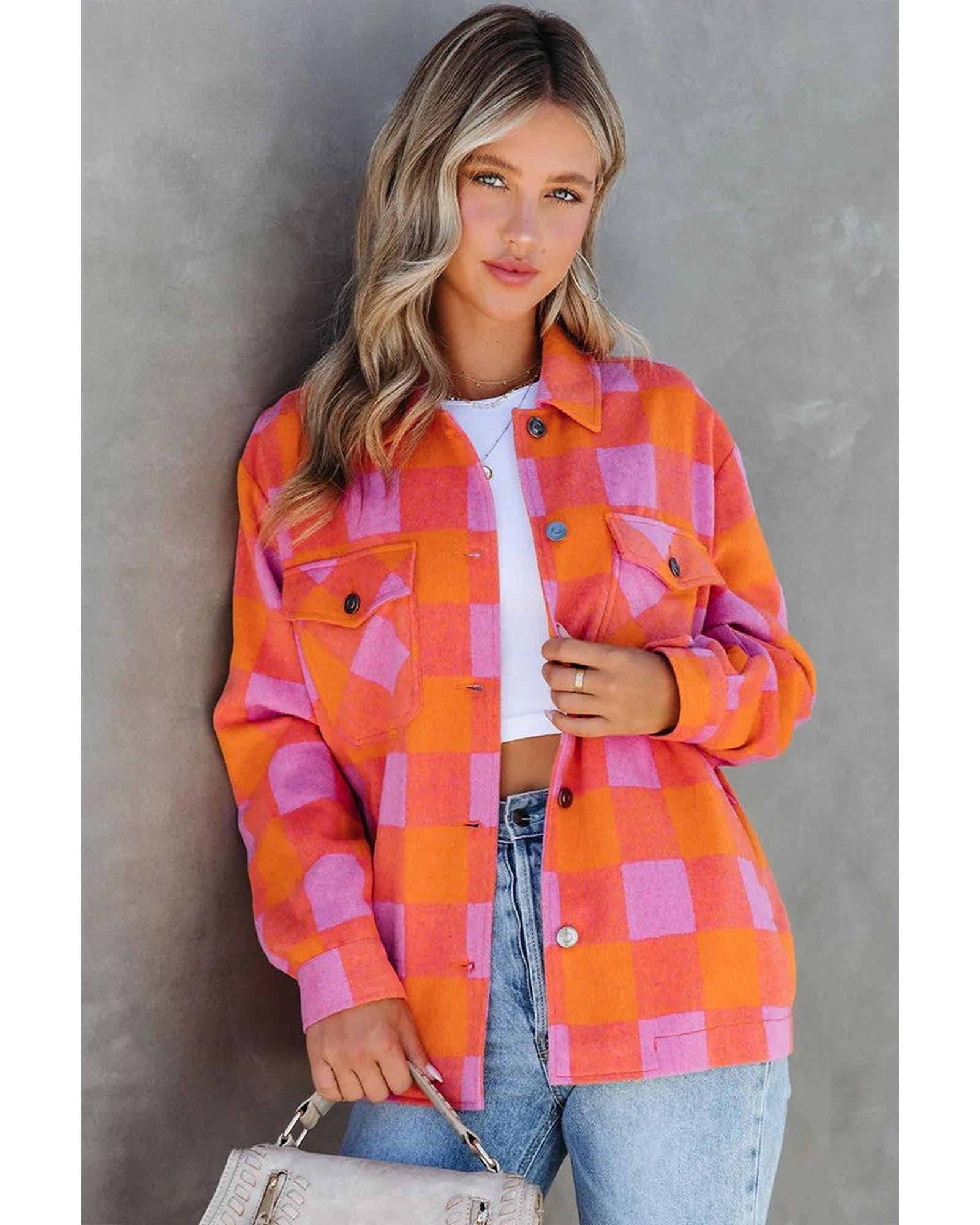 Orange Plaid Chest Pockets Button-up Turn Down Collar Jacket - M