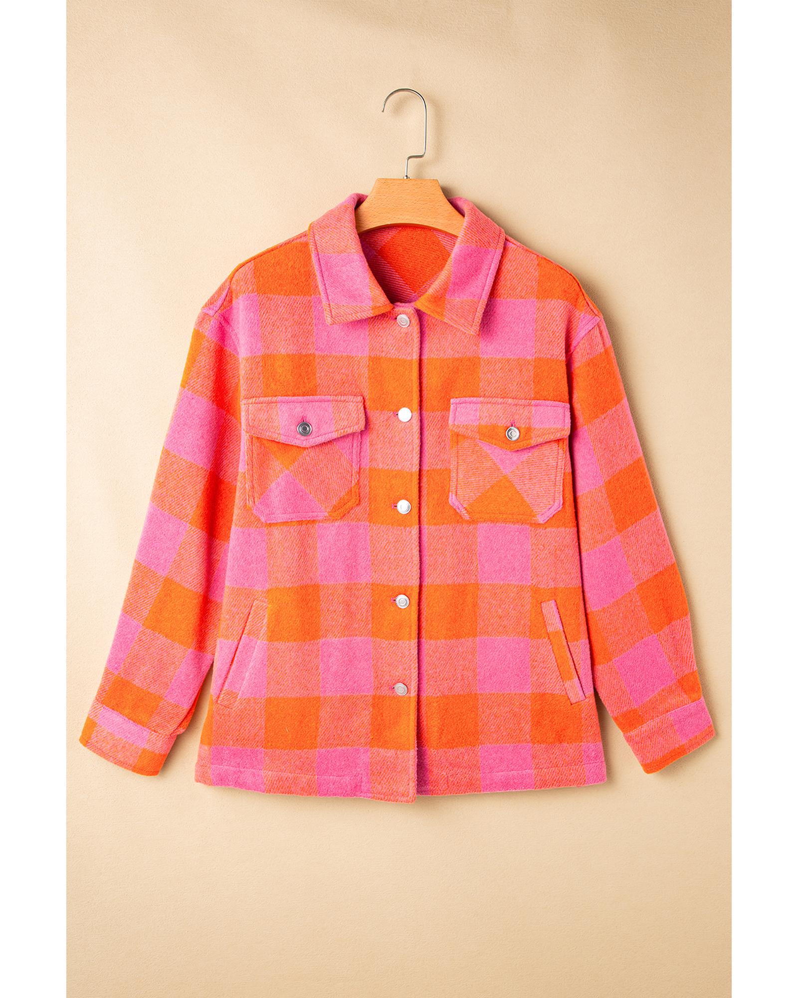 Orange Plaid Chest Pockets Button-up Turn Down Collar Jacket - S