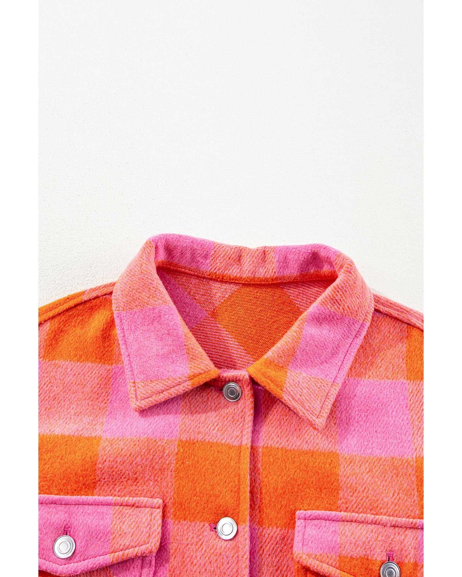Orange Plaid Chest Pockets Button-up Turn Down Collar Jacket - S