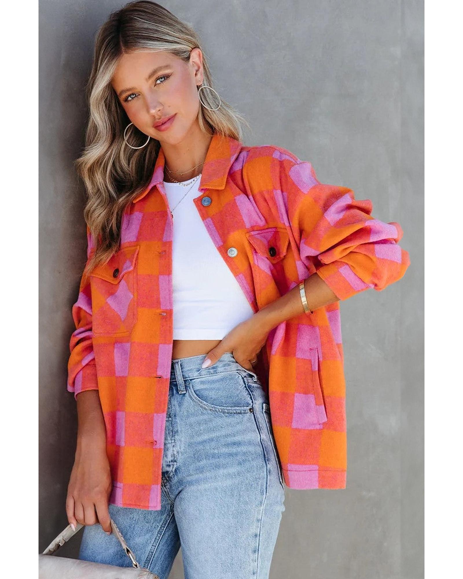 Orange Plaid Chest Pockets Button-up Turn Down Collar Jacket - XL