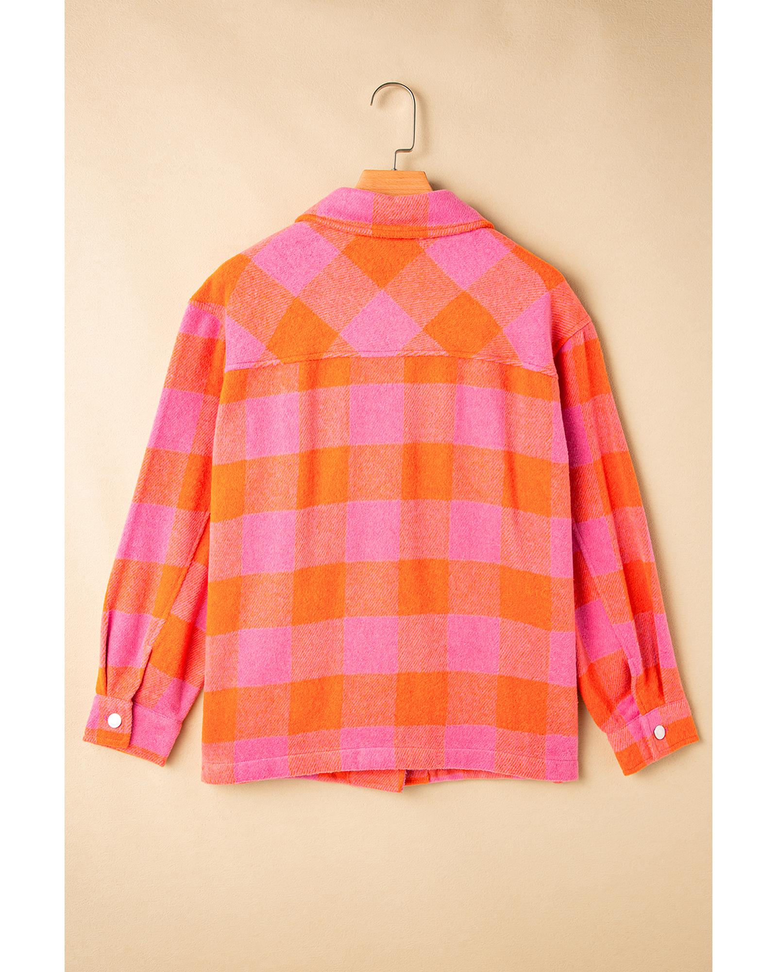 Orange Plaid Chest Pockets Button-up Turn Down Collar Jacket - XL