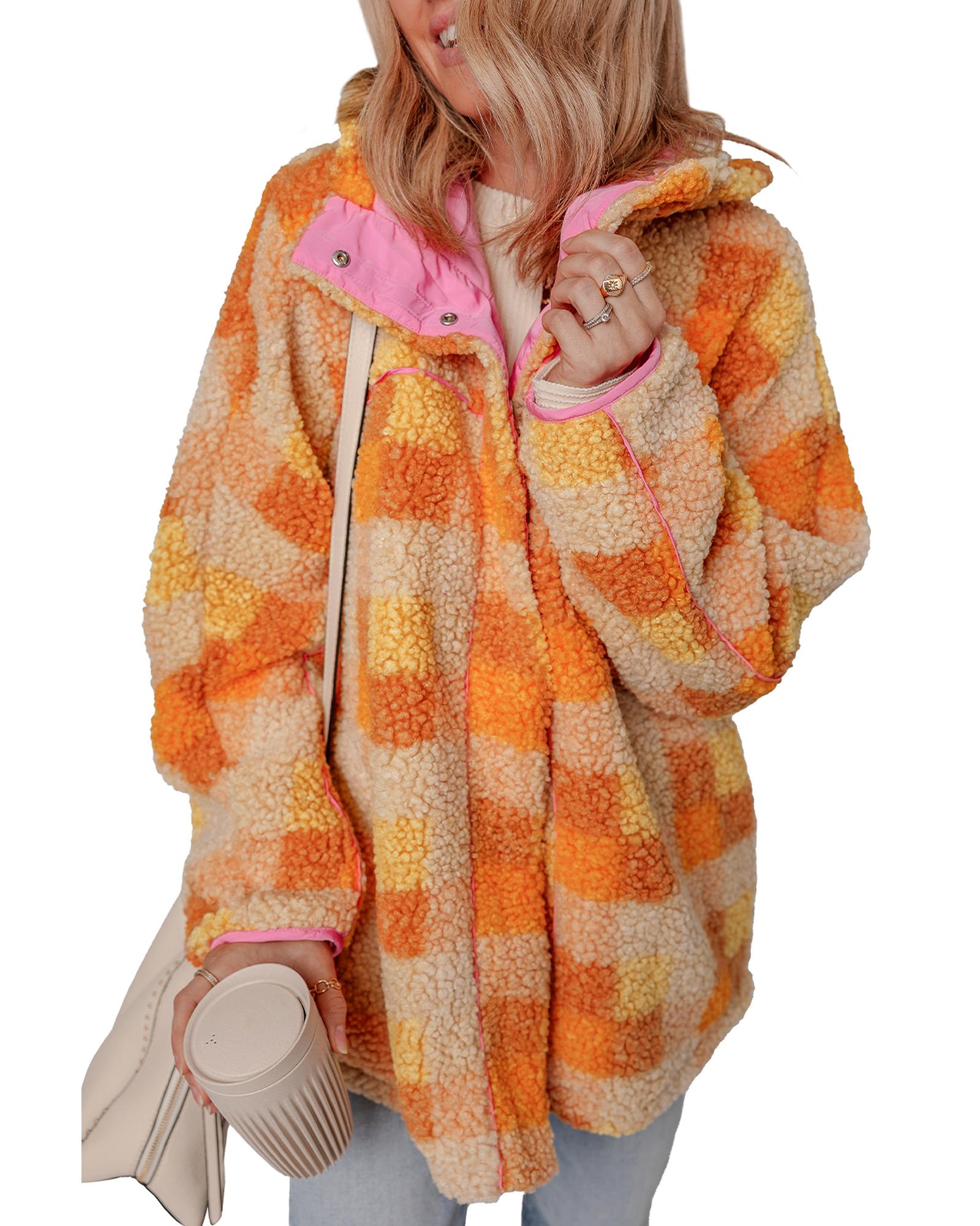 Orange Checkered Sherpa Hooded Jacket - M