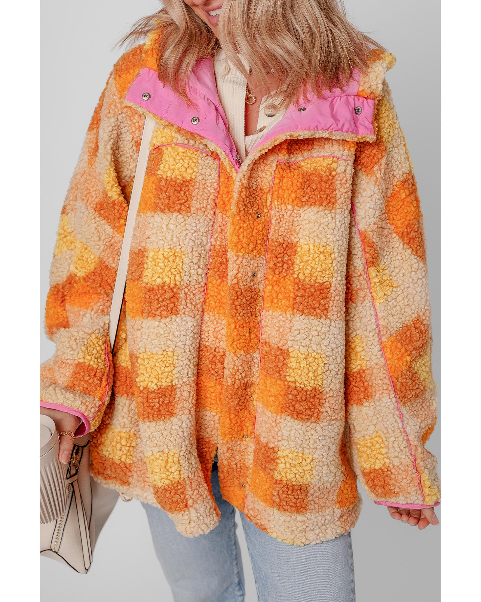 Orange Checkered Sherpa Hooded Jacket - S