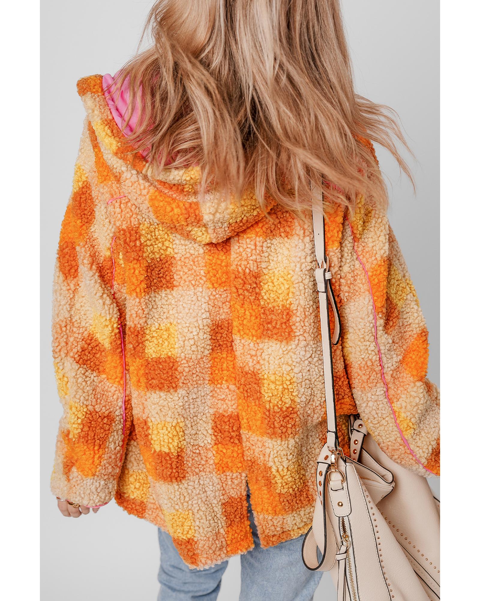 Orange Checkered Sherpa Hooded Jacket - XL