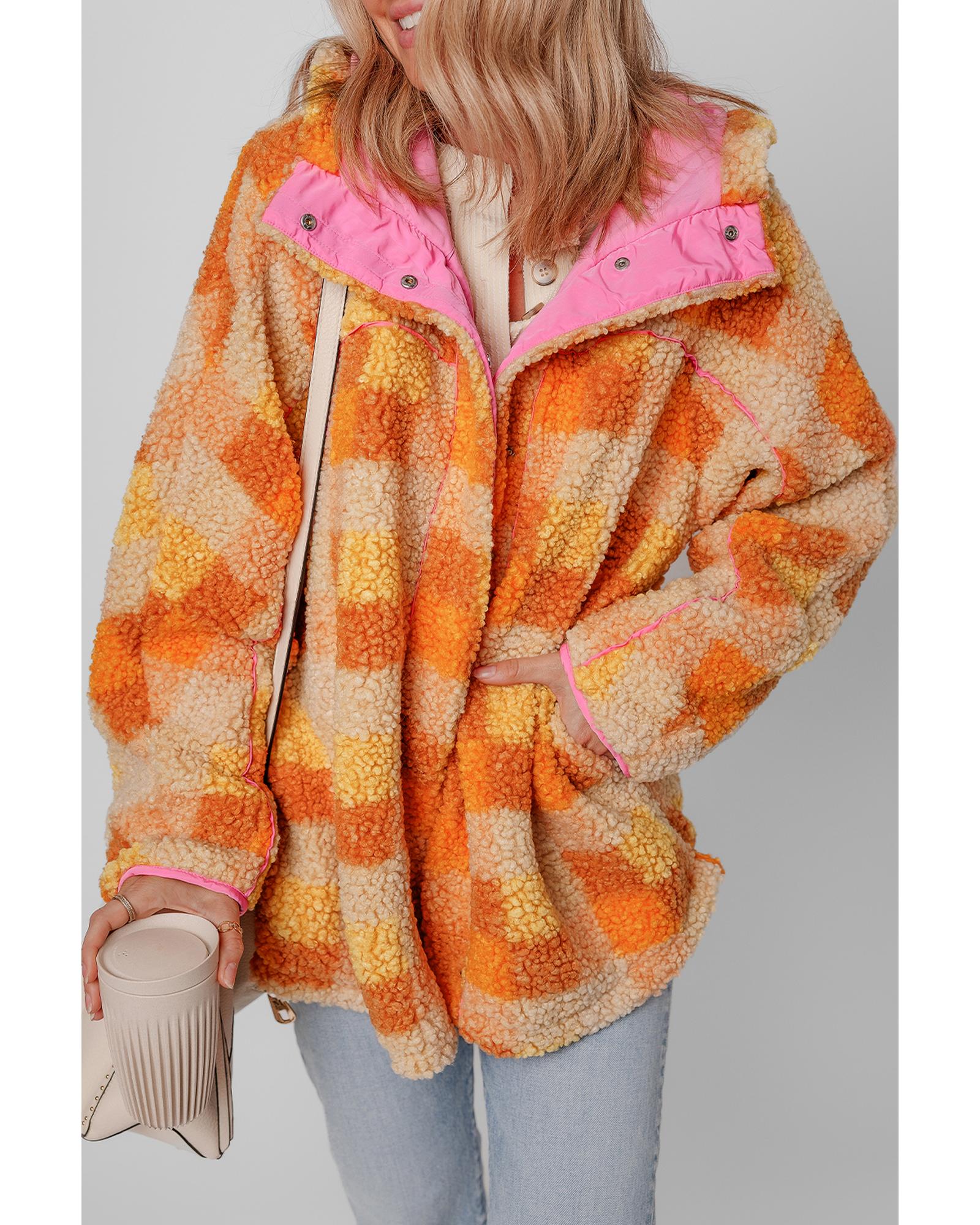 Orange Checkered Sherpa Hooded Jacket - XL
