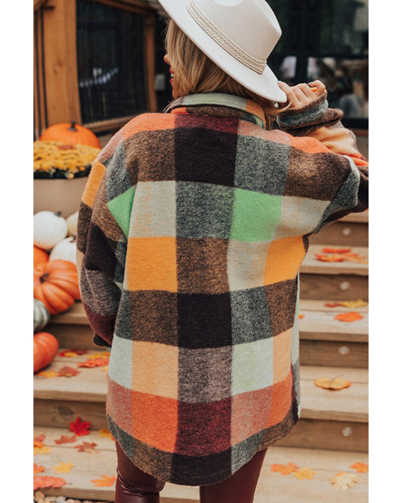 Orange Plaid Print Flap Pocket Long Jacket - S