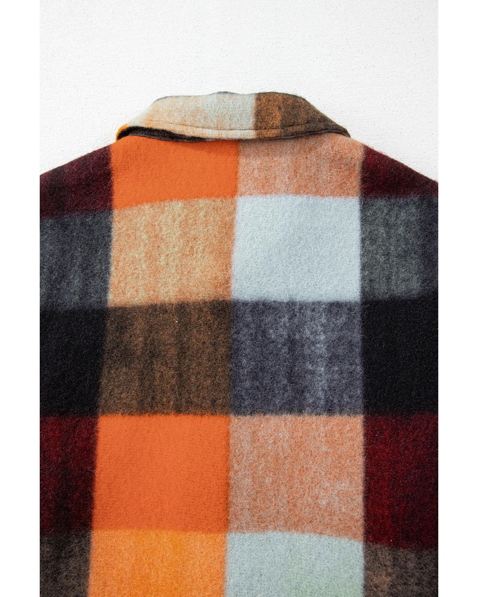 Orange Plaid Print Flap Pocket Long Jacket - S