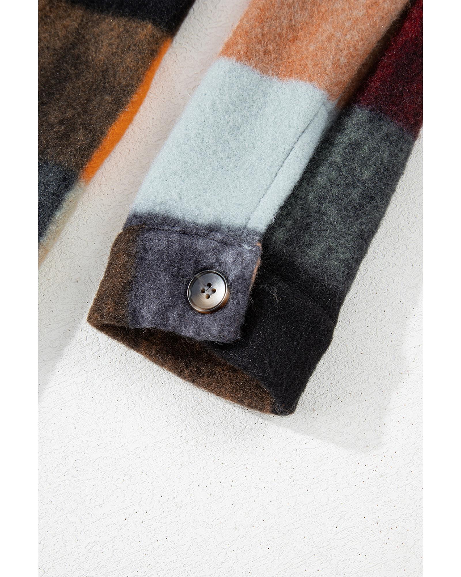 Orange Plaid Print Flap Pocket Long Jacket - S