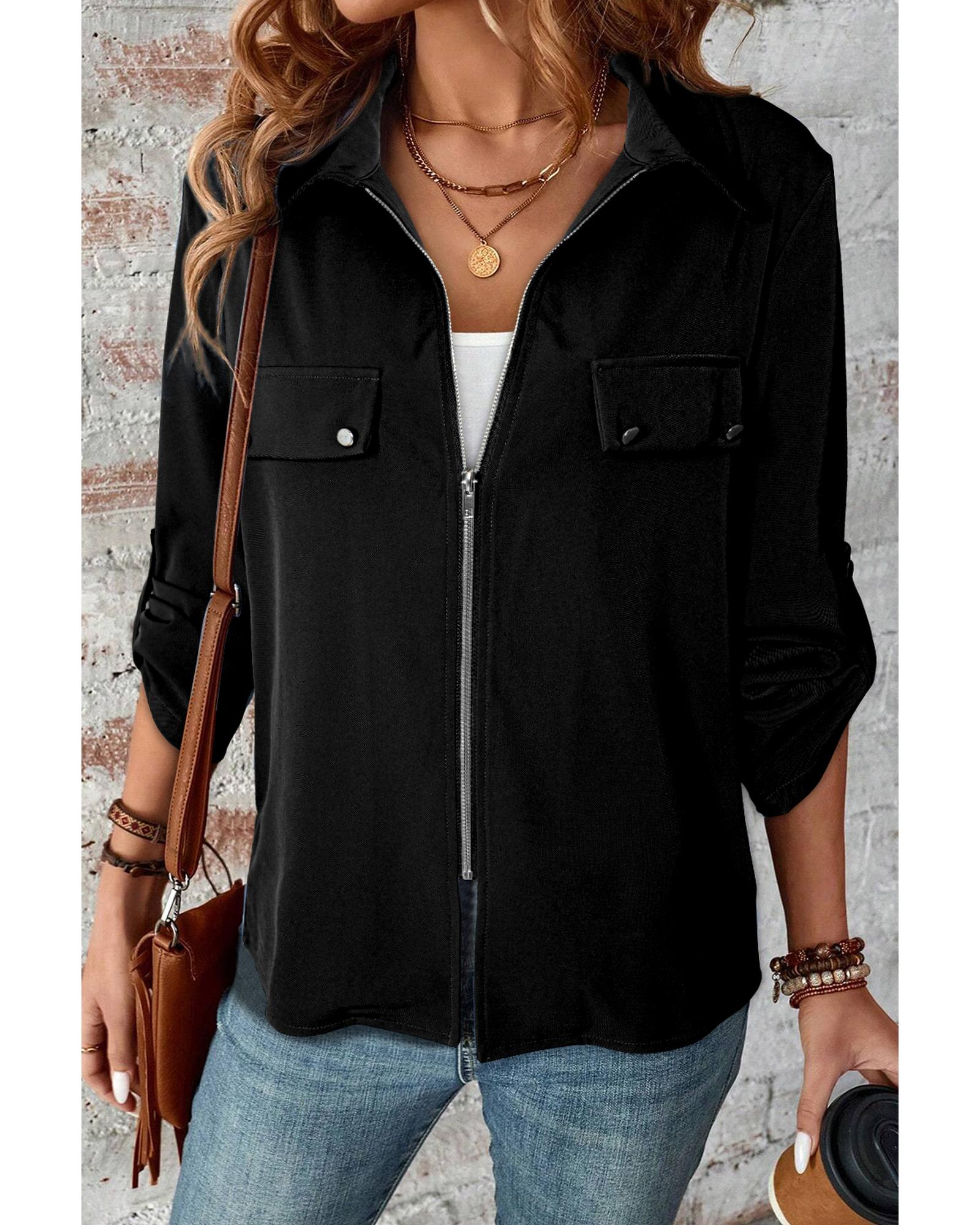 Black Collar Tab Sleeve Zip Up Flap Detail Jacket - 2XL