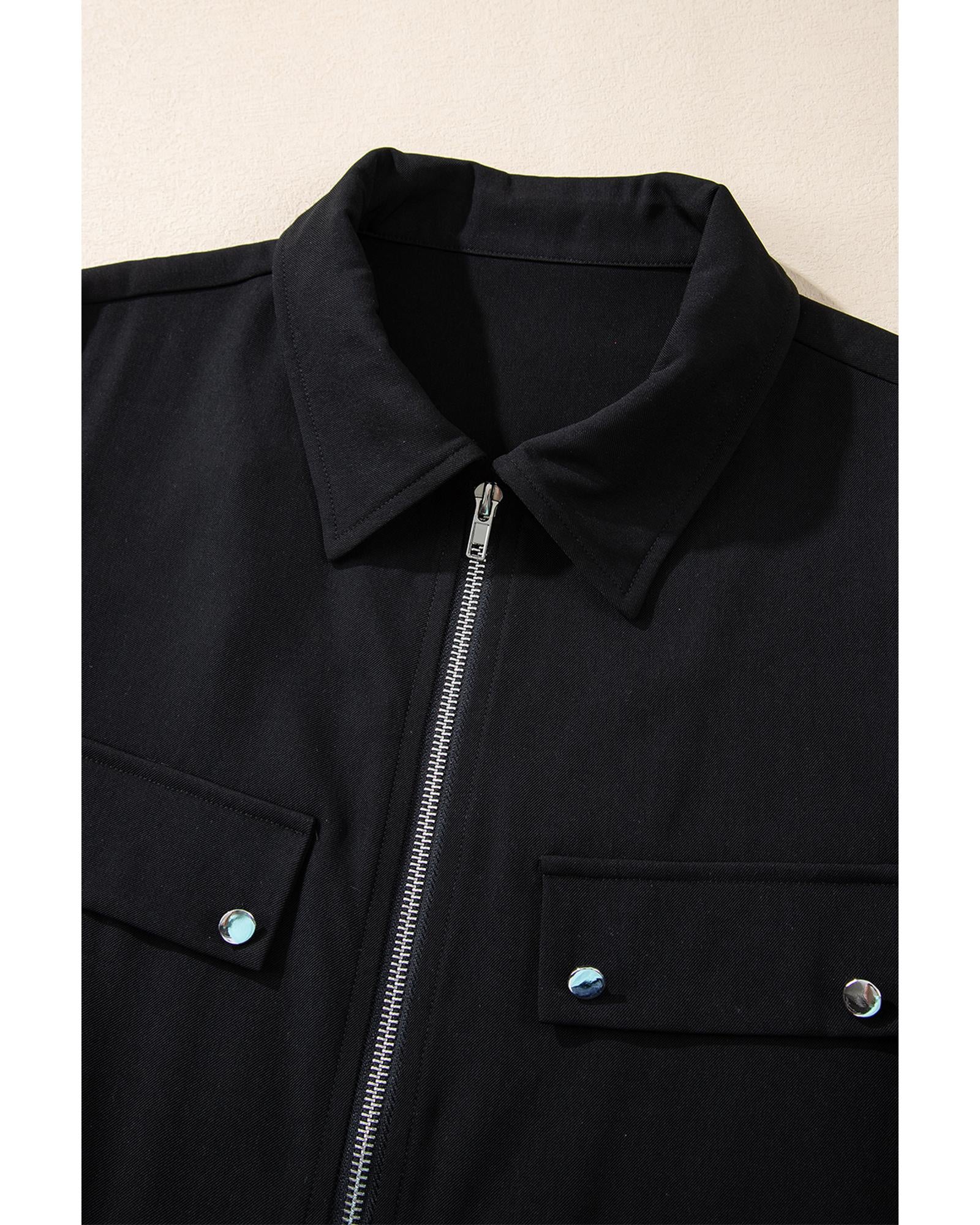 Black Collar Tab Sleeve Zip Up Flap Detail Jacket - 2XL
