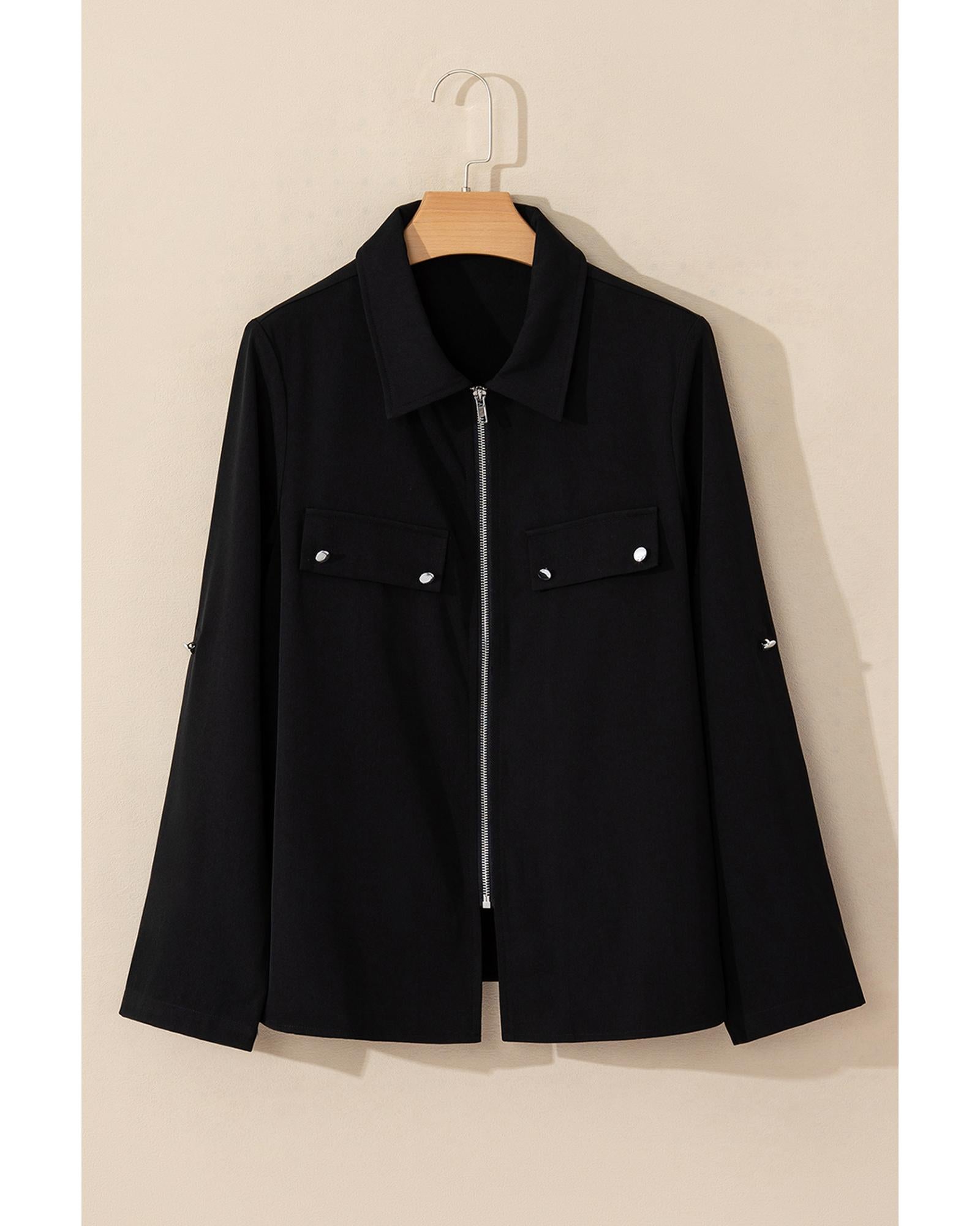 Black Collar Tab Sleeve Zip Up Flap Detail Jacket - 2XL